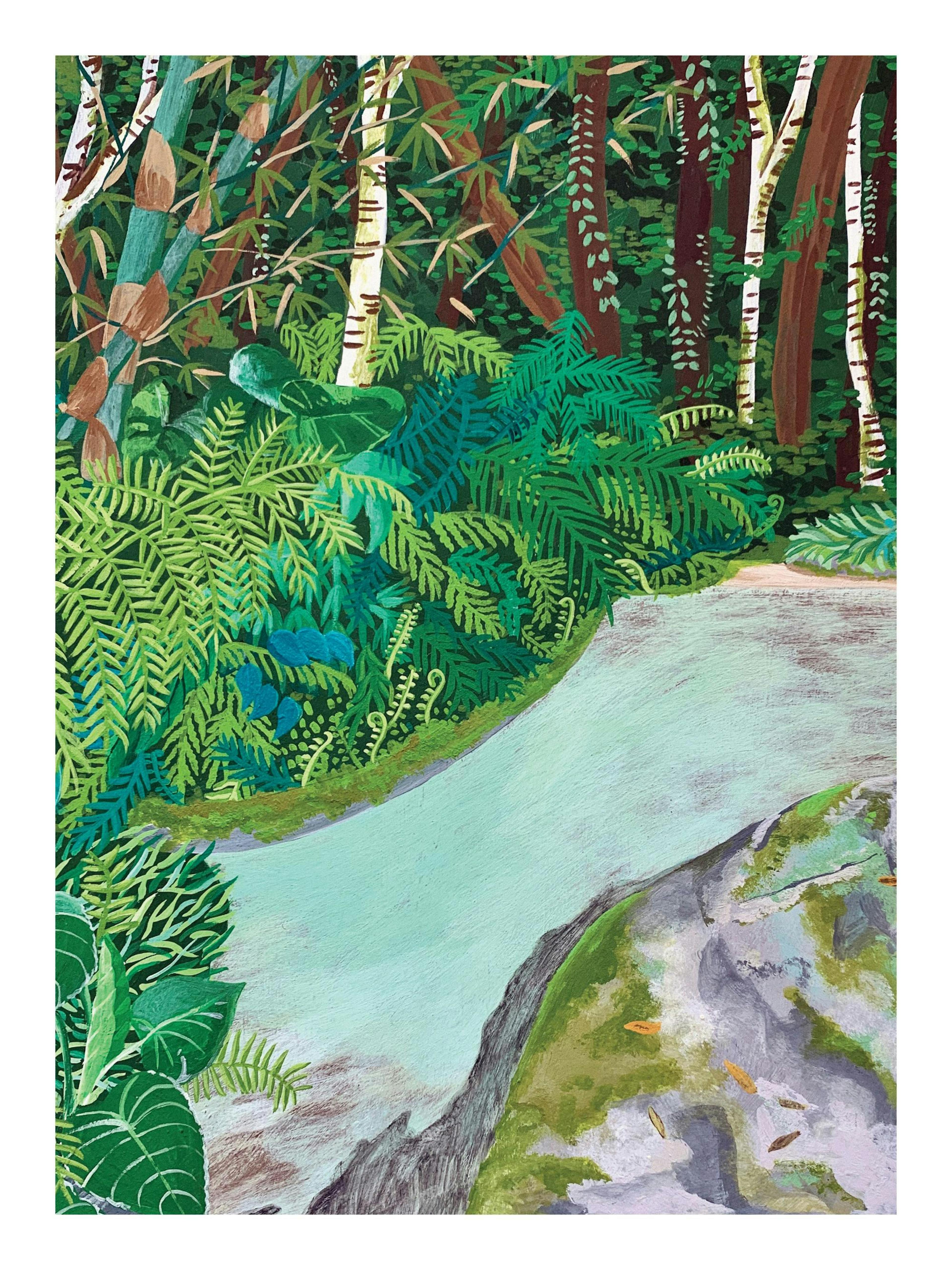 Illustratie van een rivier in een weelderige, groene jungle met varens en bomen, in heldere kleuren.