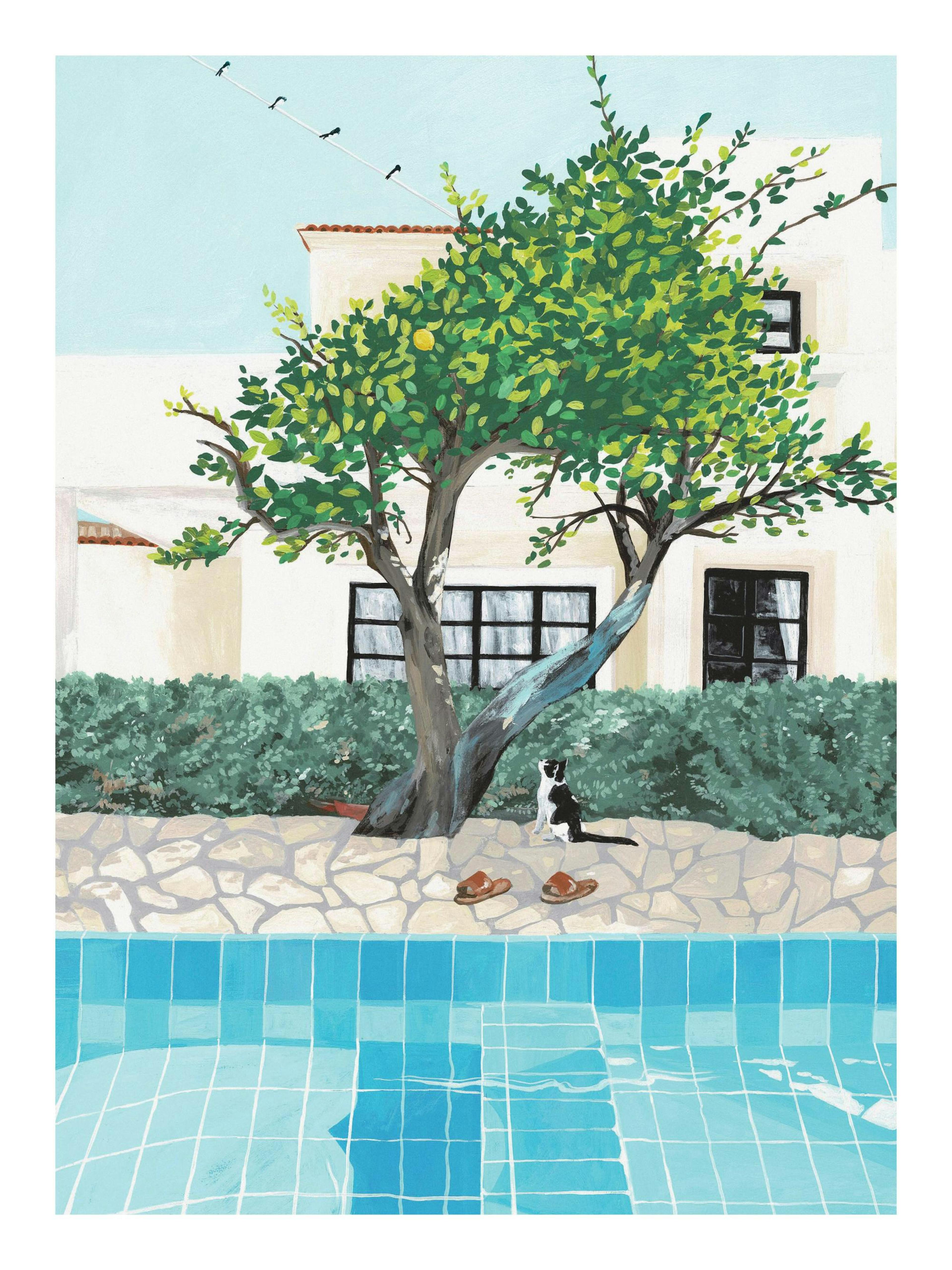 Jaron Sus Zone out Pool print with a cat by a tree, house, and pool. Relaxing poster design.