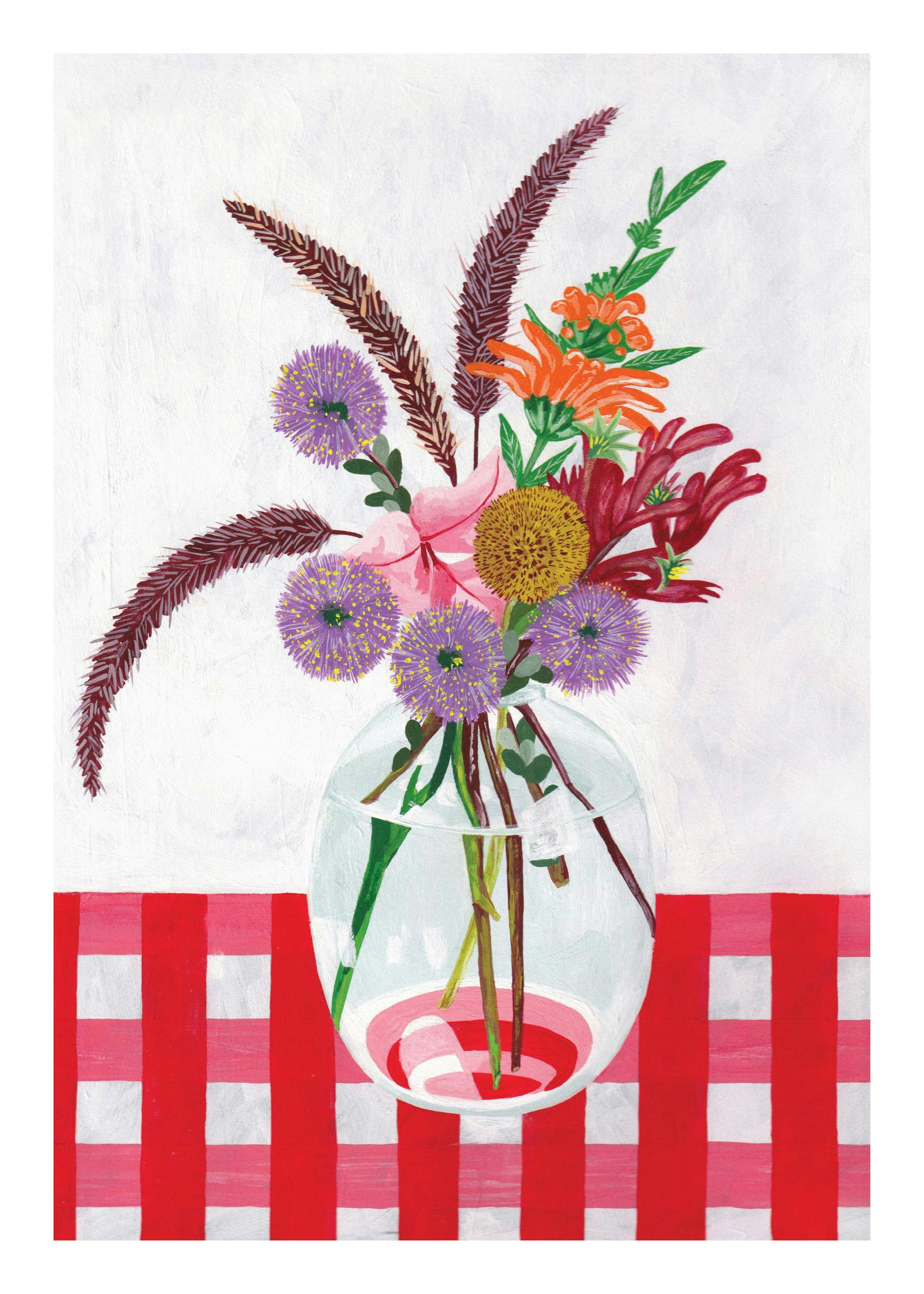 Affiche dun bouquet de fleurs aux couleurs vives dans un vase en verre sur une nappe à carreaux rouges