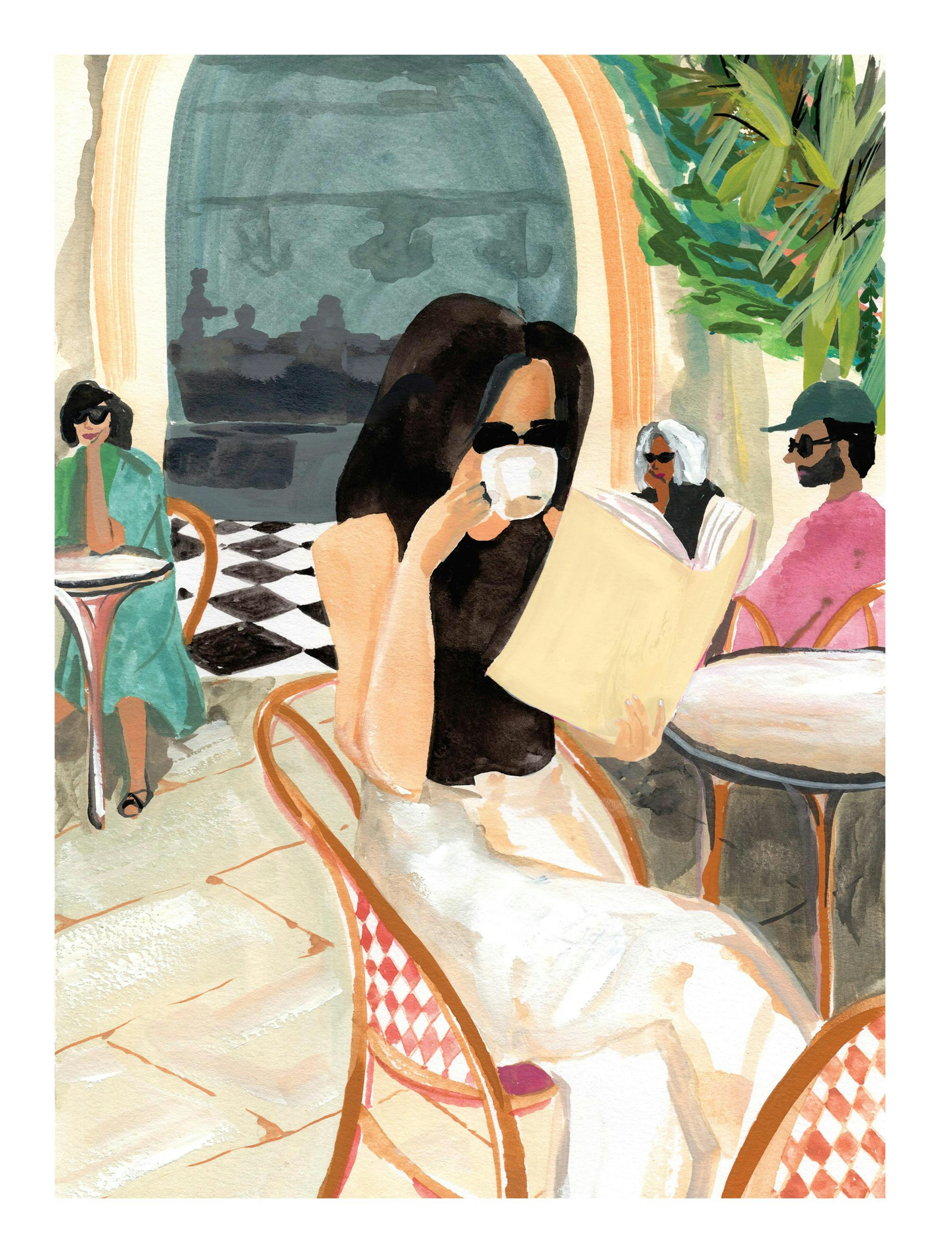 Affiche dune femme buvant du café et lisant un livre dans un café, avec dautres personnes en arrière-plan. Typographie décorativ