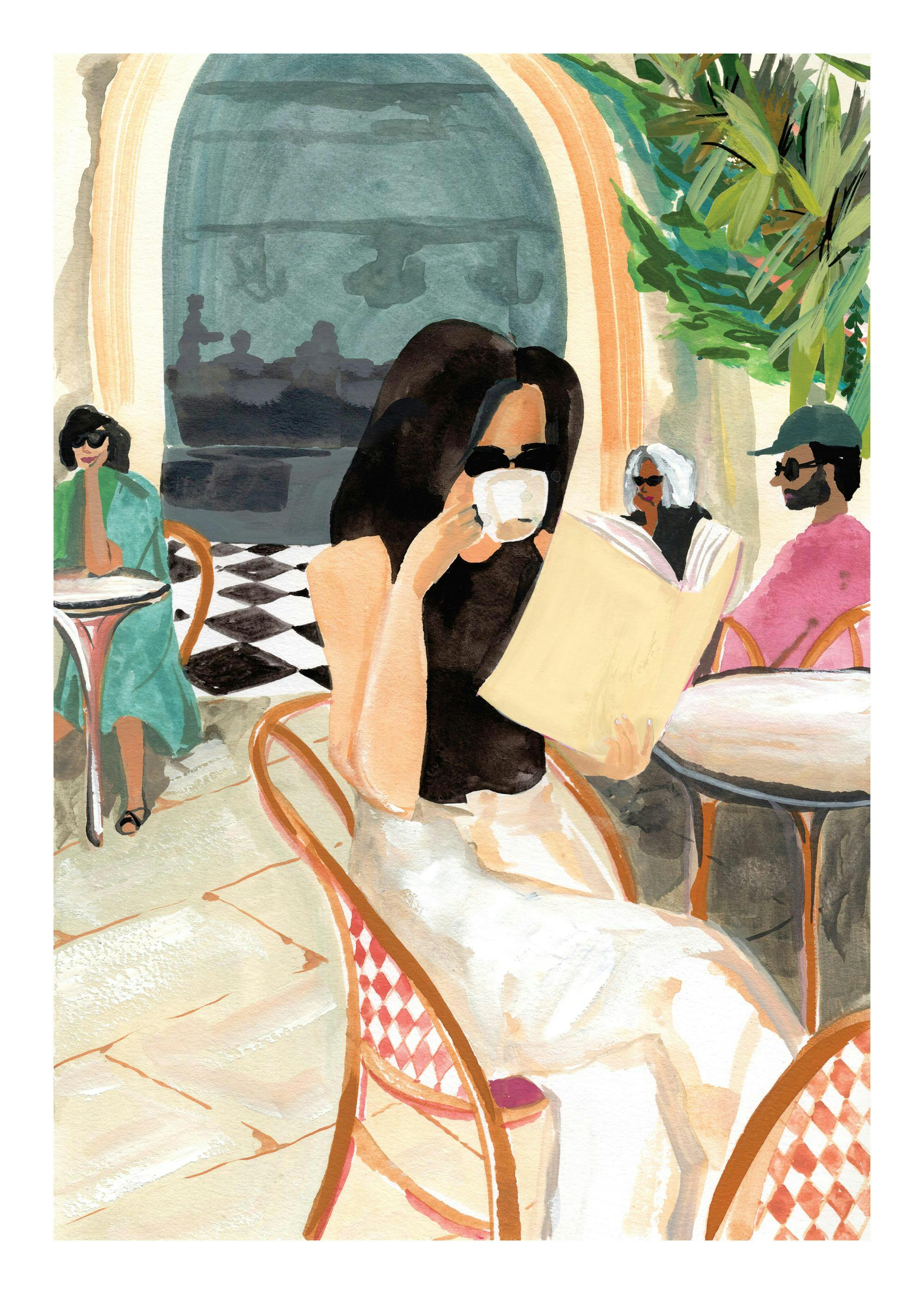 Affiche dune femme buvant du café et lisant un livre dans un café, avec dautres personnes en arrière-plan. Typographie décorativ