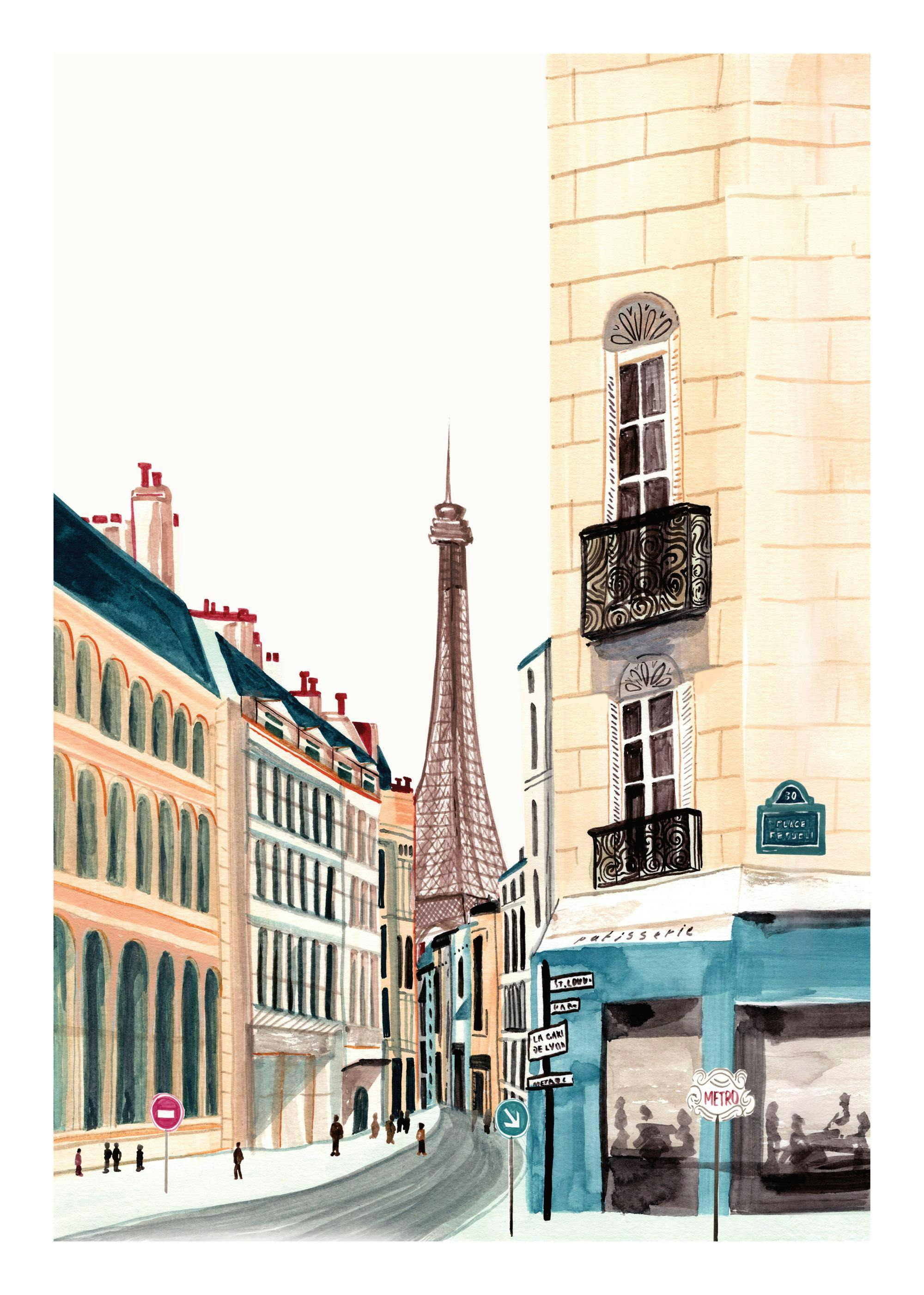 Affiche Laura Page dune rue parisienne avec la Tour Eiffel en arrière-plan, des bâtiments avec balcons et un café.