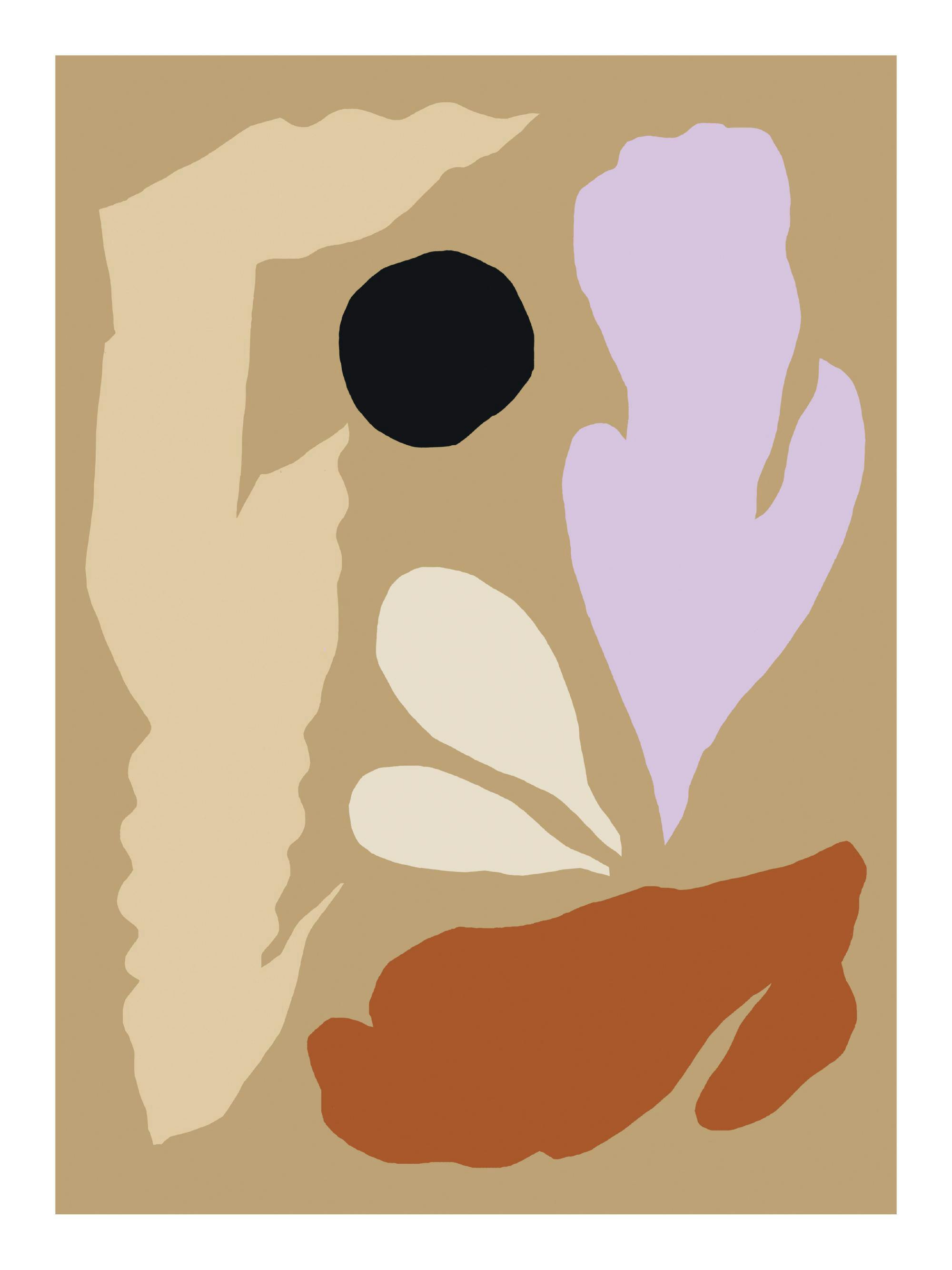 Abstrakt konst med svarta, bruna, lila, vita och beige former på en brun bakgrund, av Sylvia Takken.