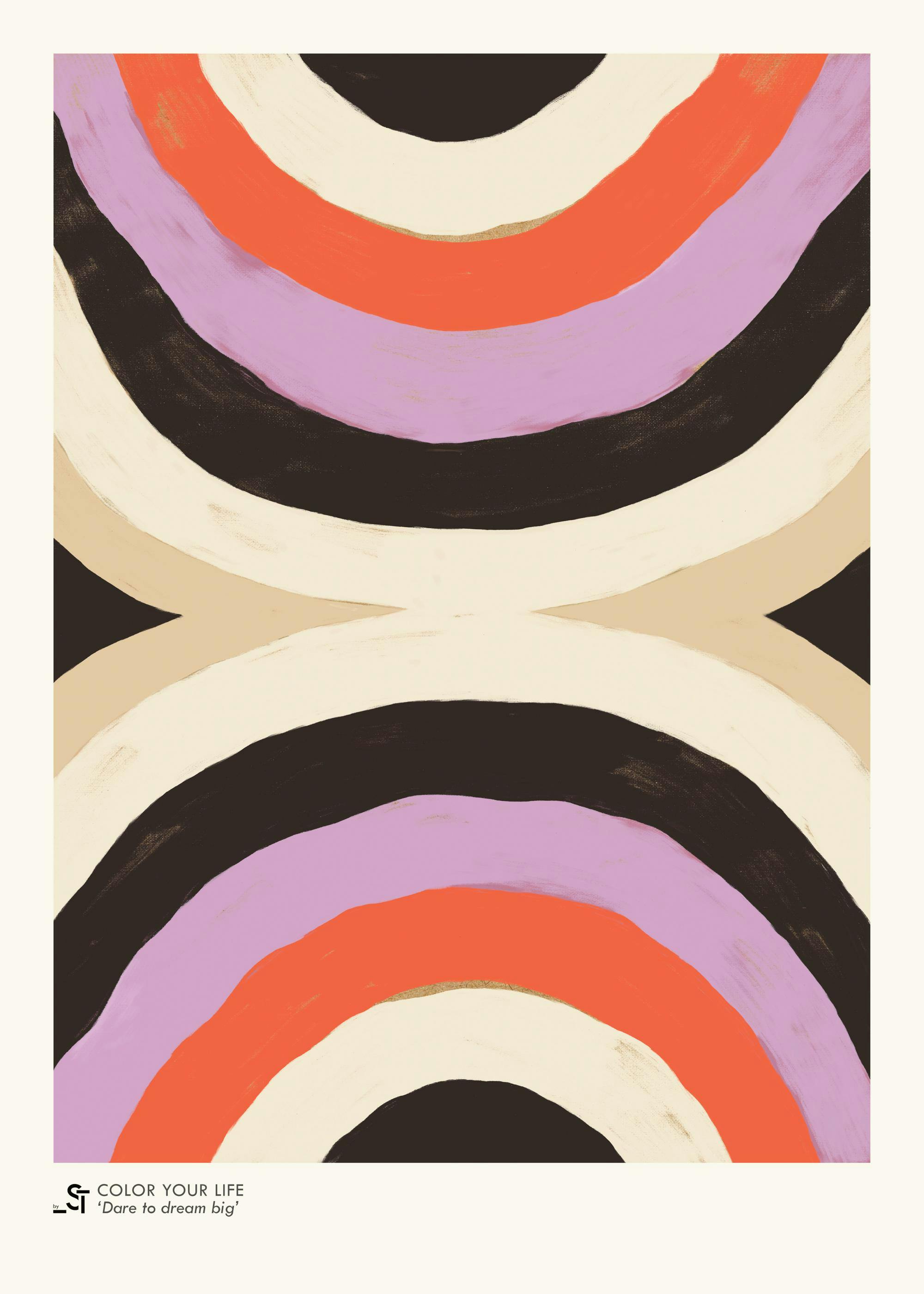 Póster Sylvia Takken com semicírculos abstratos em bege, castanho, laranja e púrpura, estilo vintage e artístico.