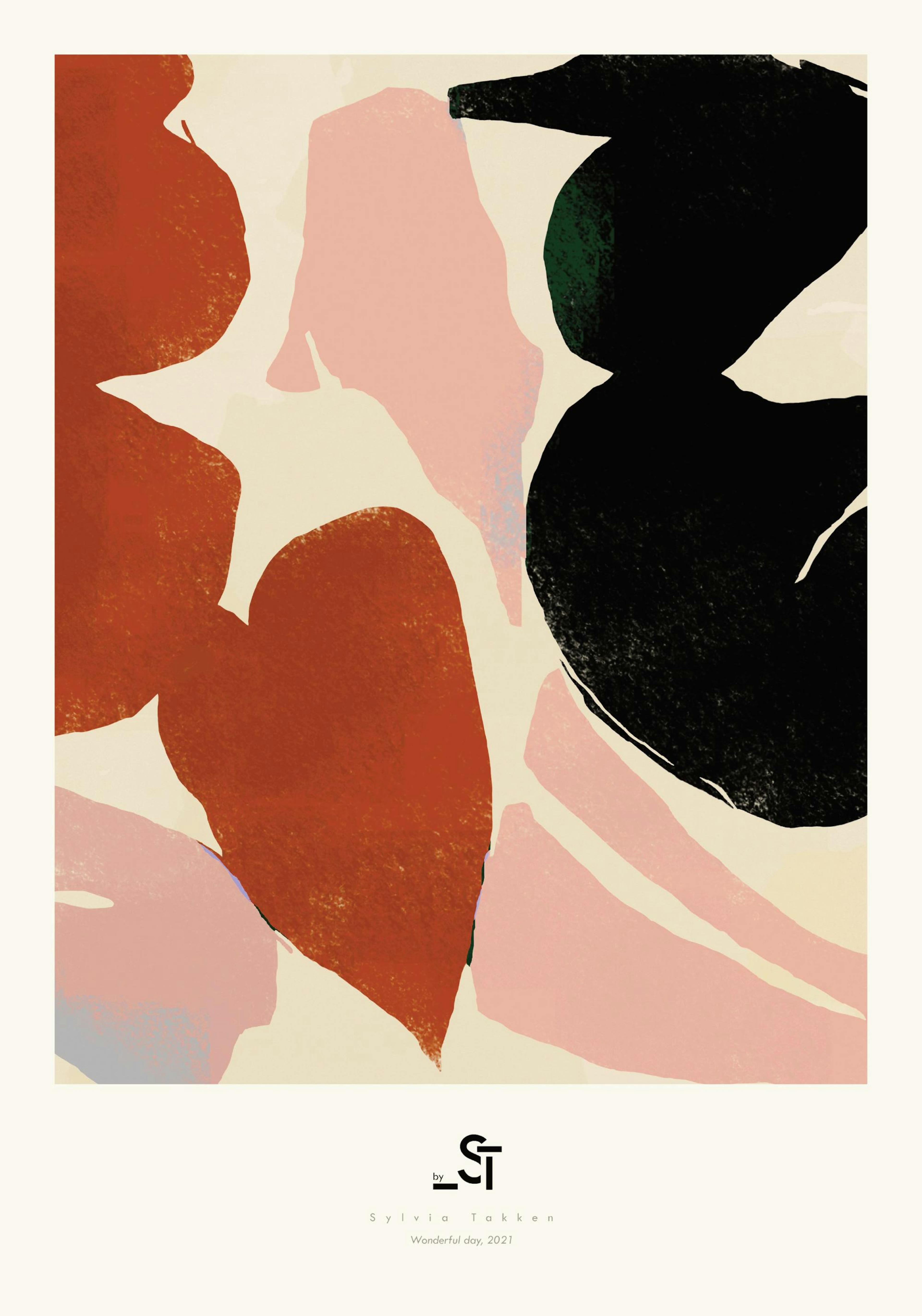 Abstract art print with pink, black, and orange shapes on a beige background, by Sylvia Takken.