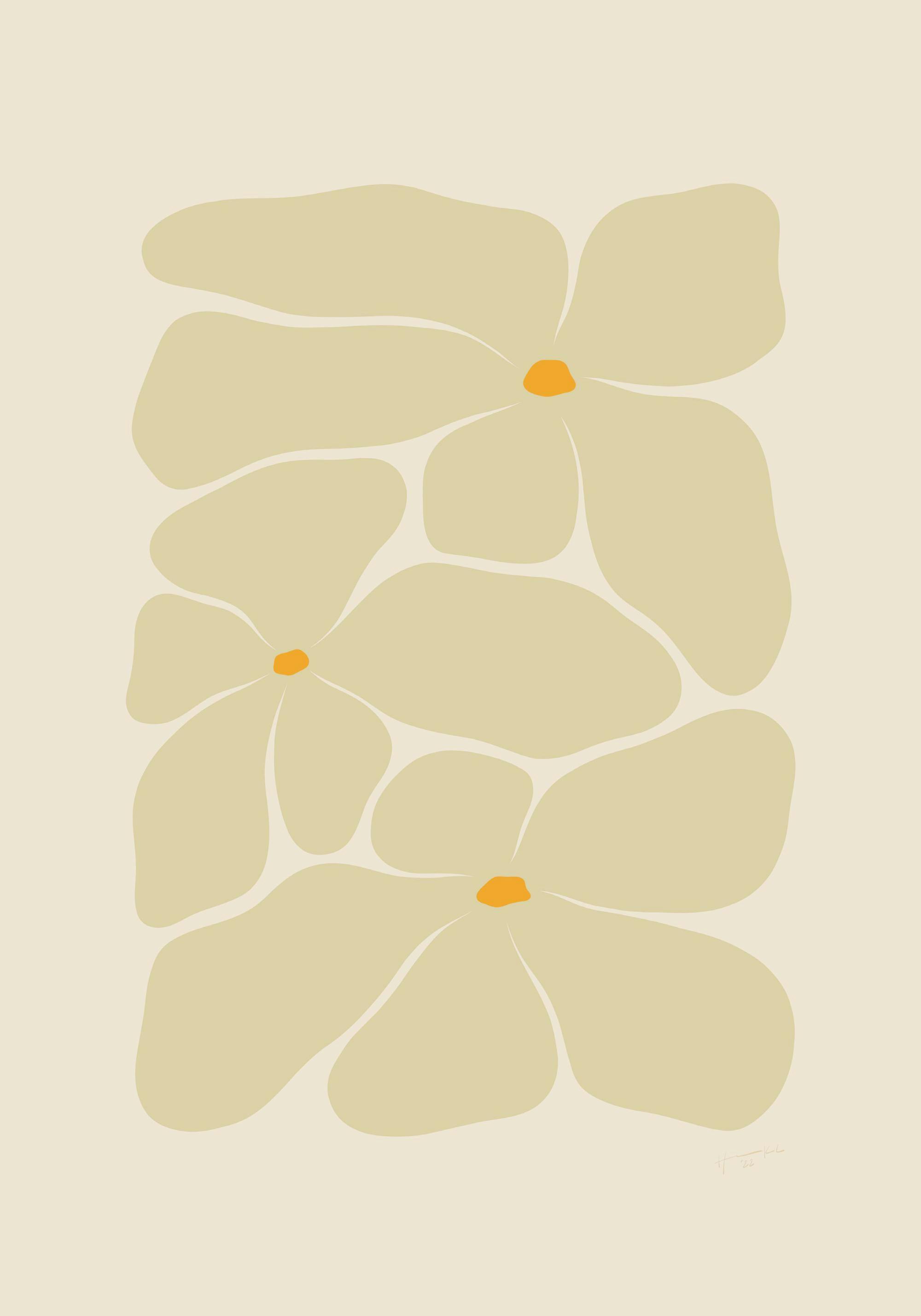 Illustrazione moderna con tre fiori beige e un punto arancione su sfondo beige chiaro.