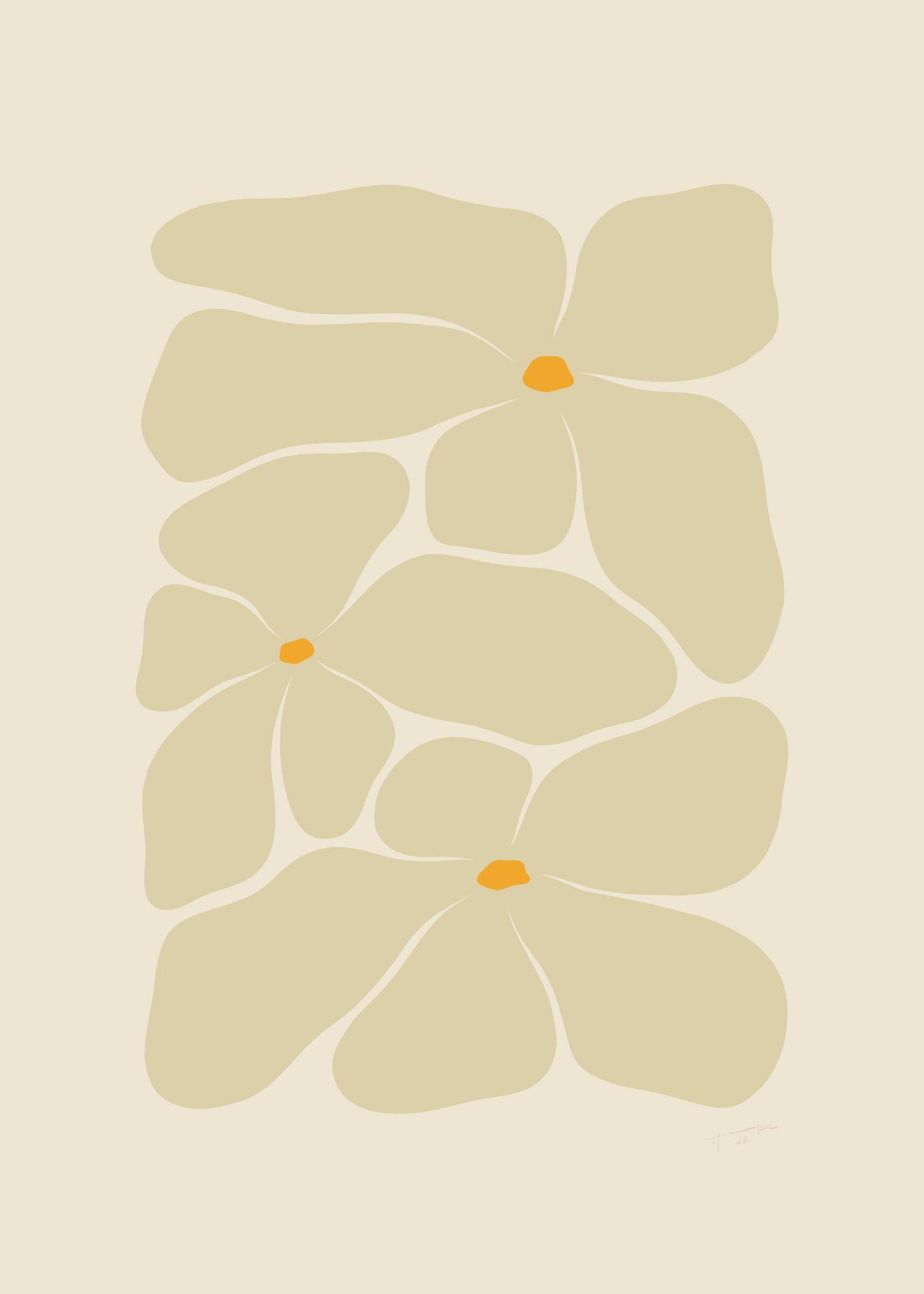 Modern botanical poster with three beige flowers, each with an orange dot, on a light beige background by Hanna KL.