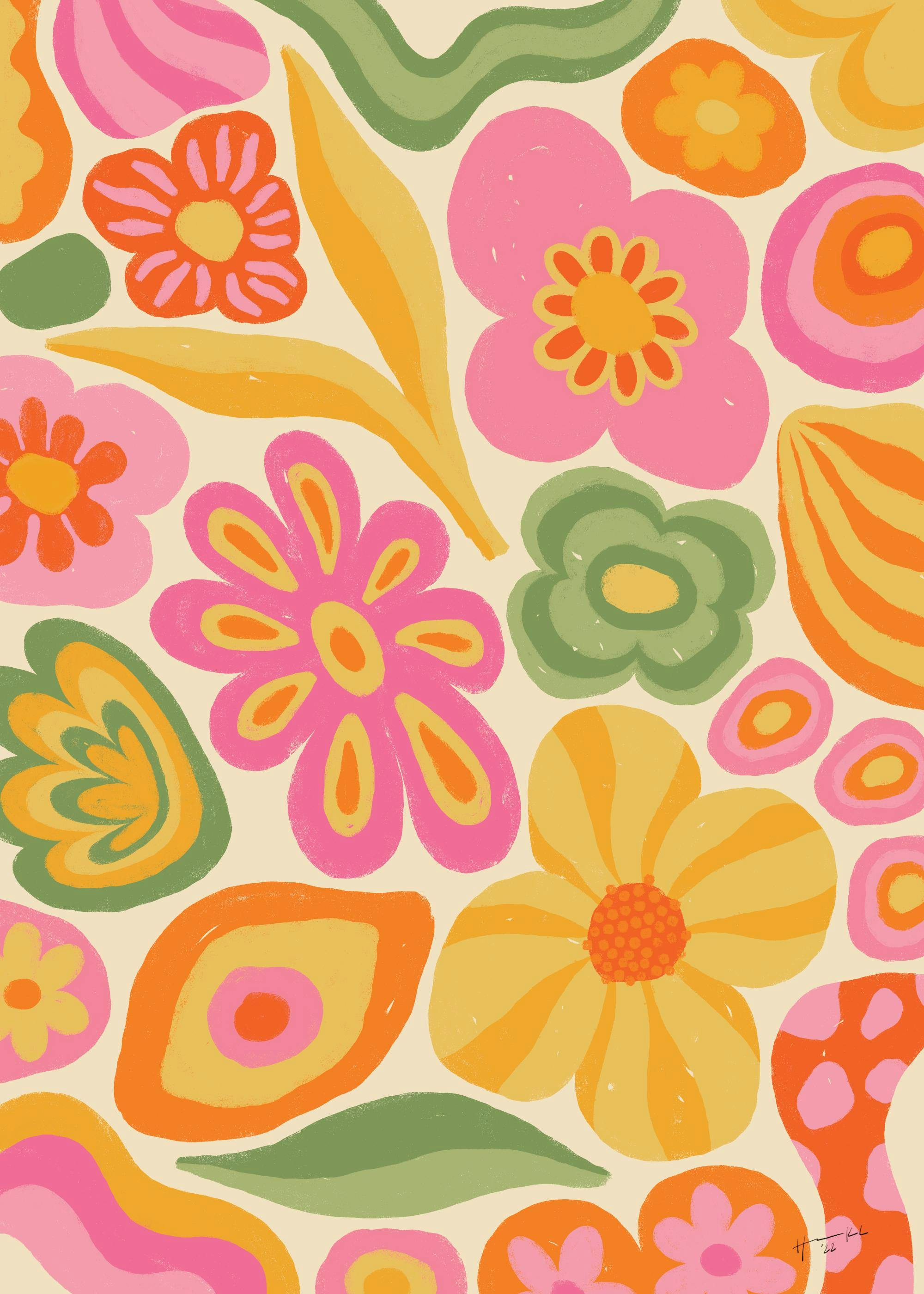 Hanna KL bloemenprint poster met roze, oranje, rode en groene bloemen en bladeren op lichte achtergrond.