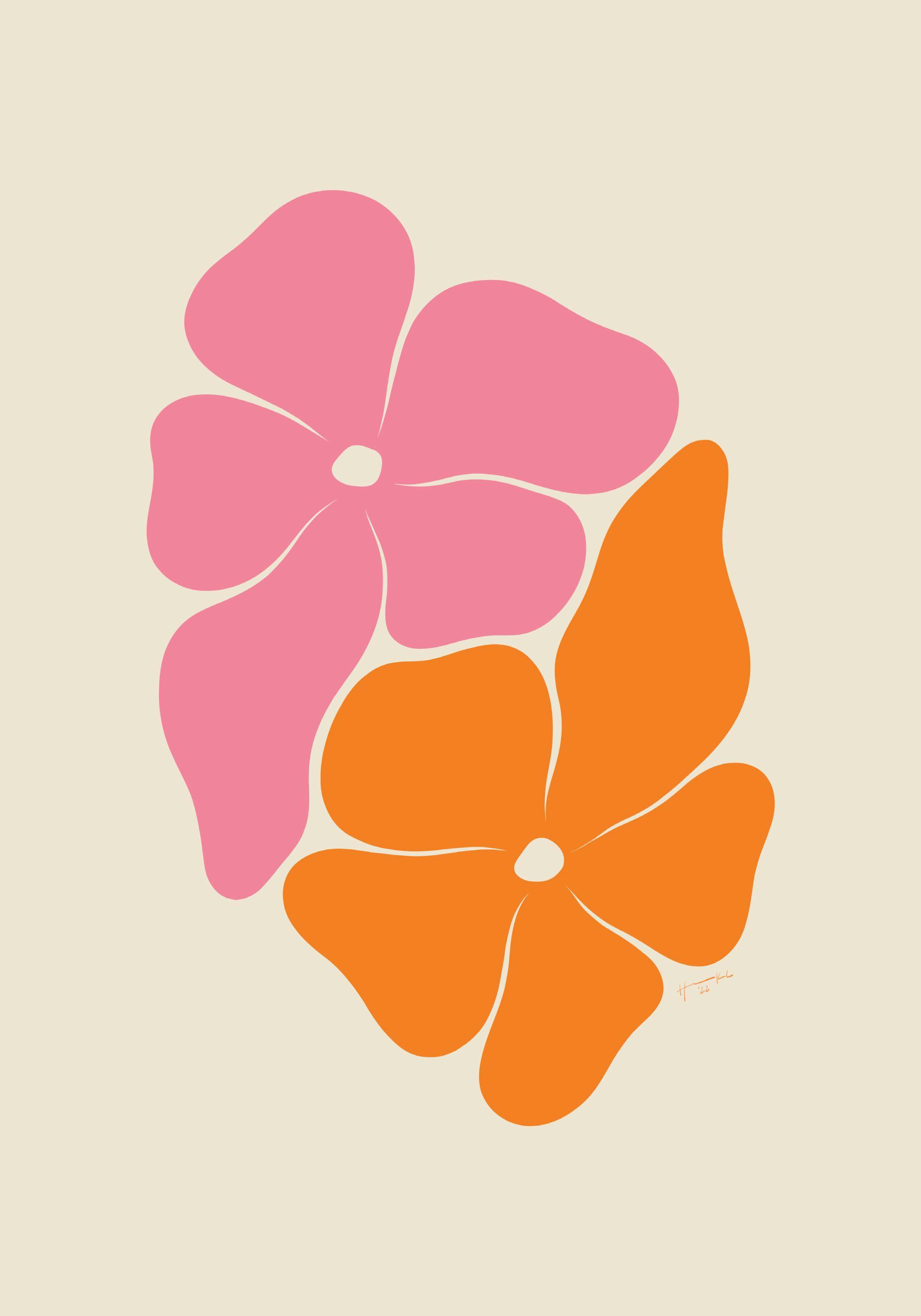 Poster med rosa och orange blommor i illustration av Hanna KL. Design med stora, mjuka former på beige bakgrund.