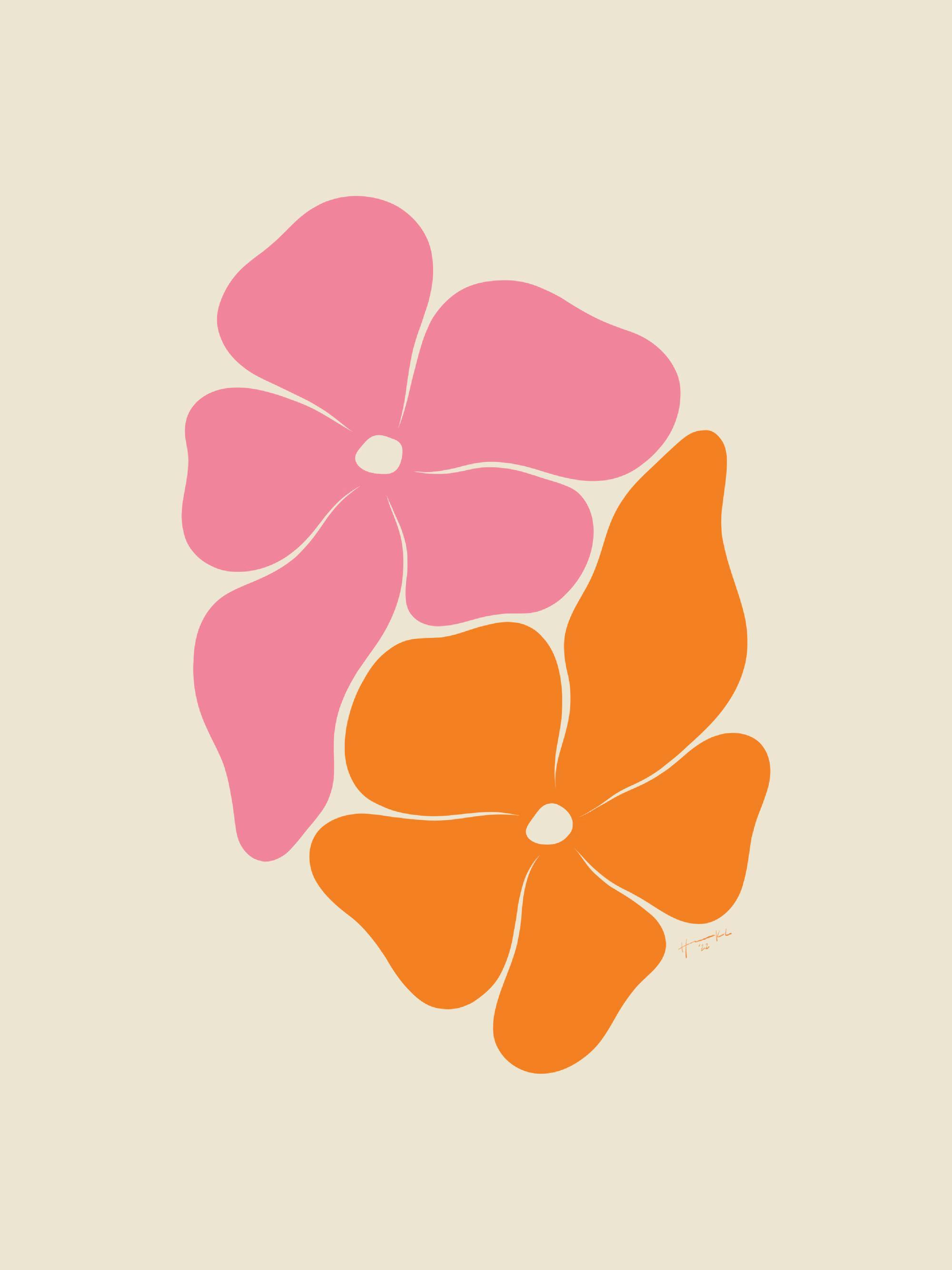 Hanna KL floral poster with a pink flower and an orange flower on a beige background, abstract bloom art print.