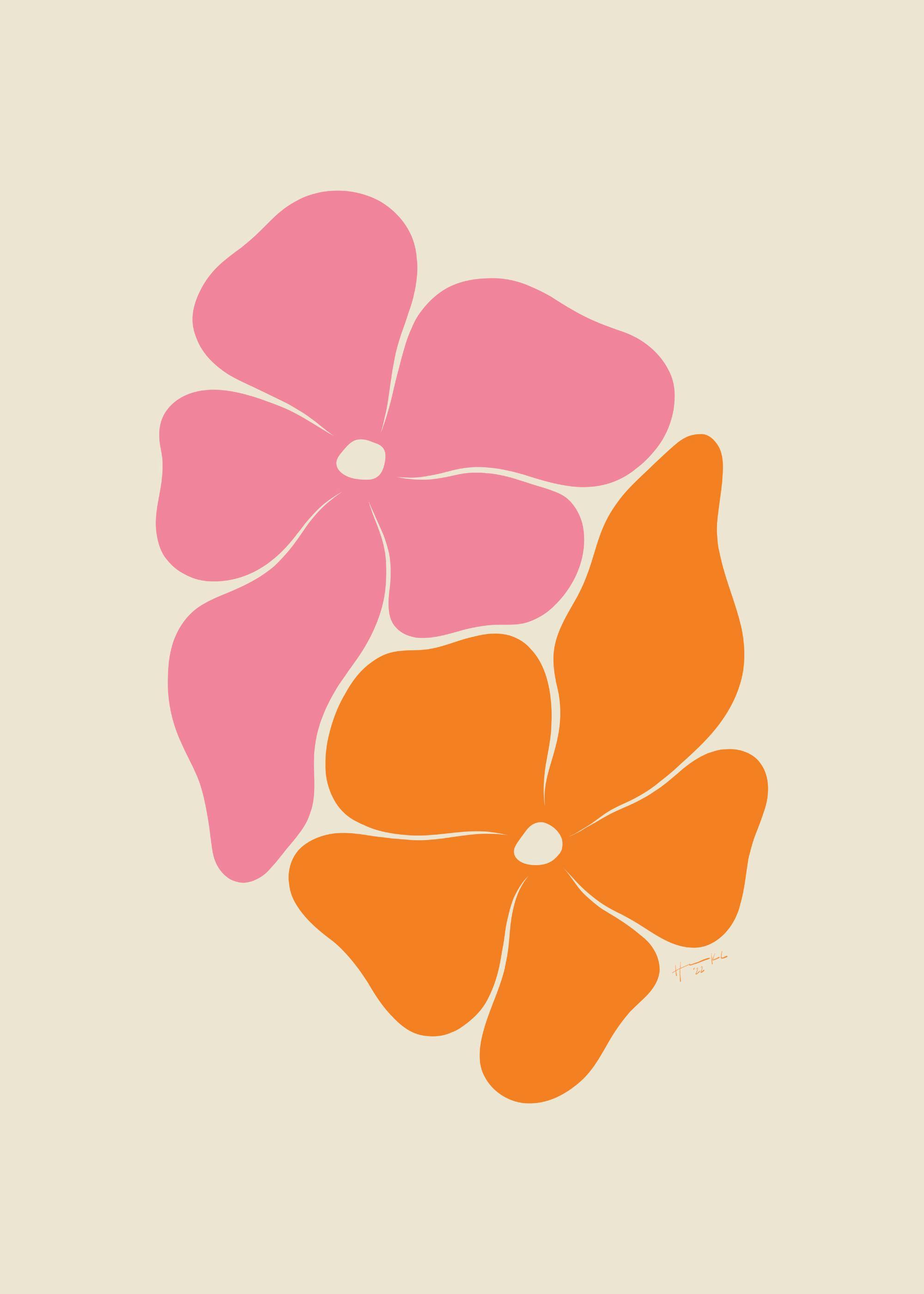 Poster con due fiori stilizzati, uno rosa e uno arancione, su sfondo beige chiaro. Stampa floreale astratta.