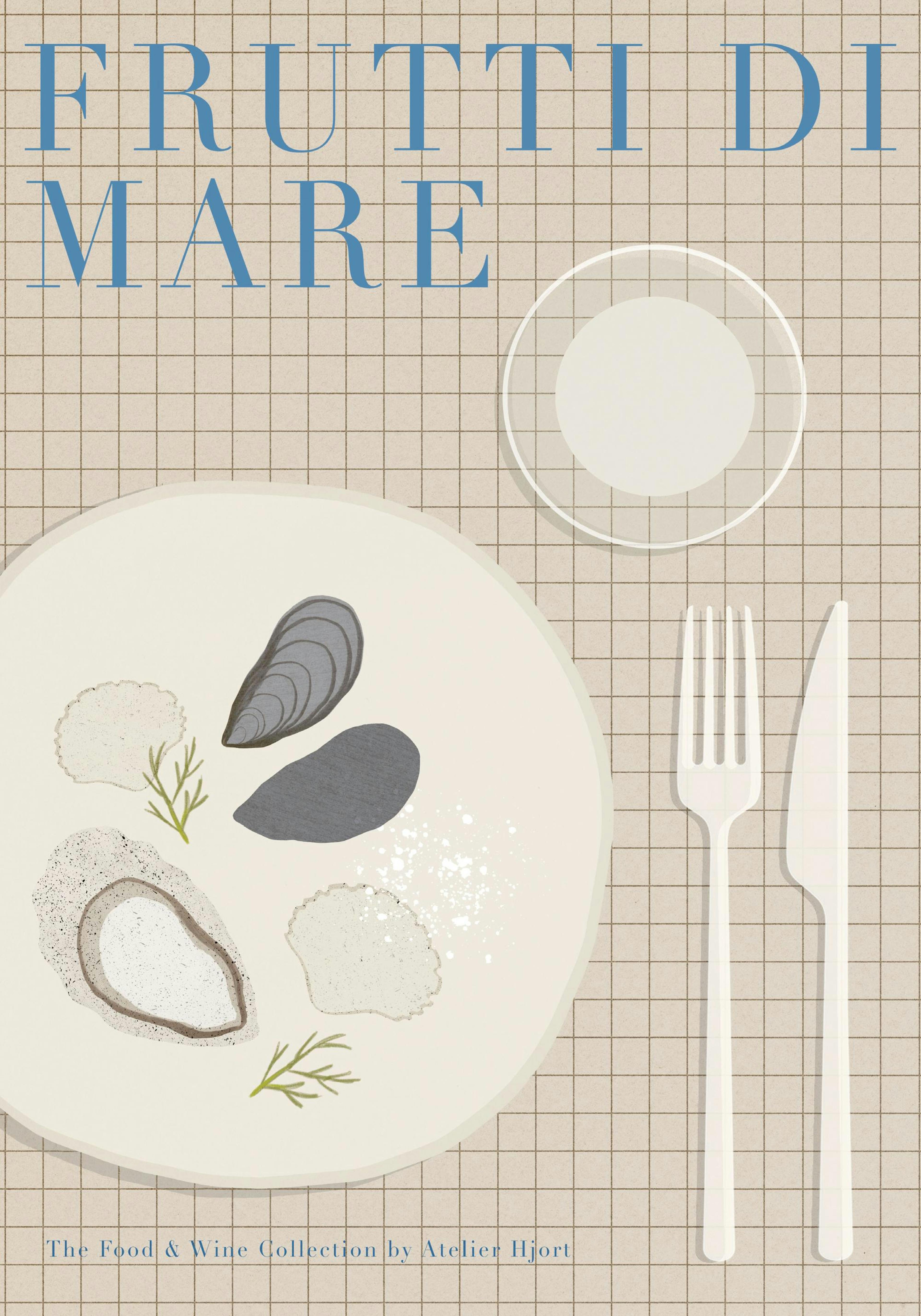 Illustrazione di un piatto con frutti di mare: cozze, ostriche e conchiglie, su sfondo a quadretti beige. Poster culinario.