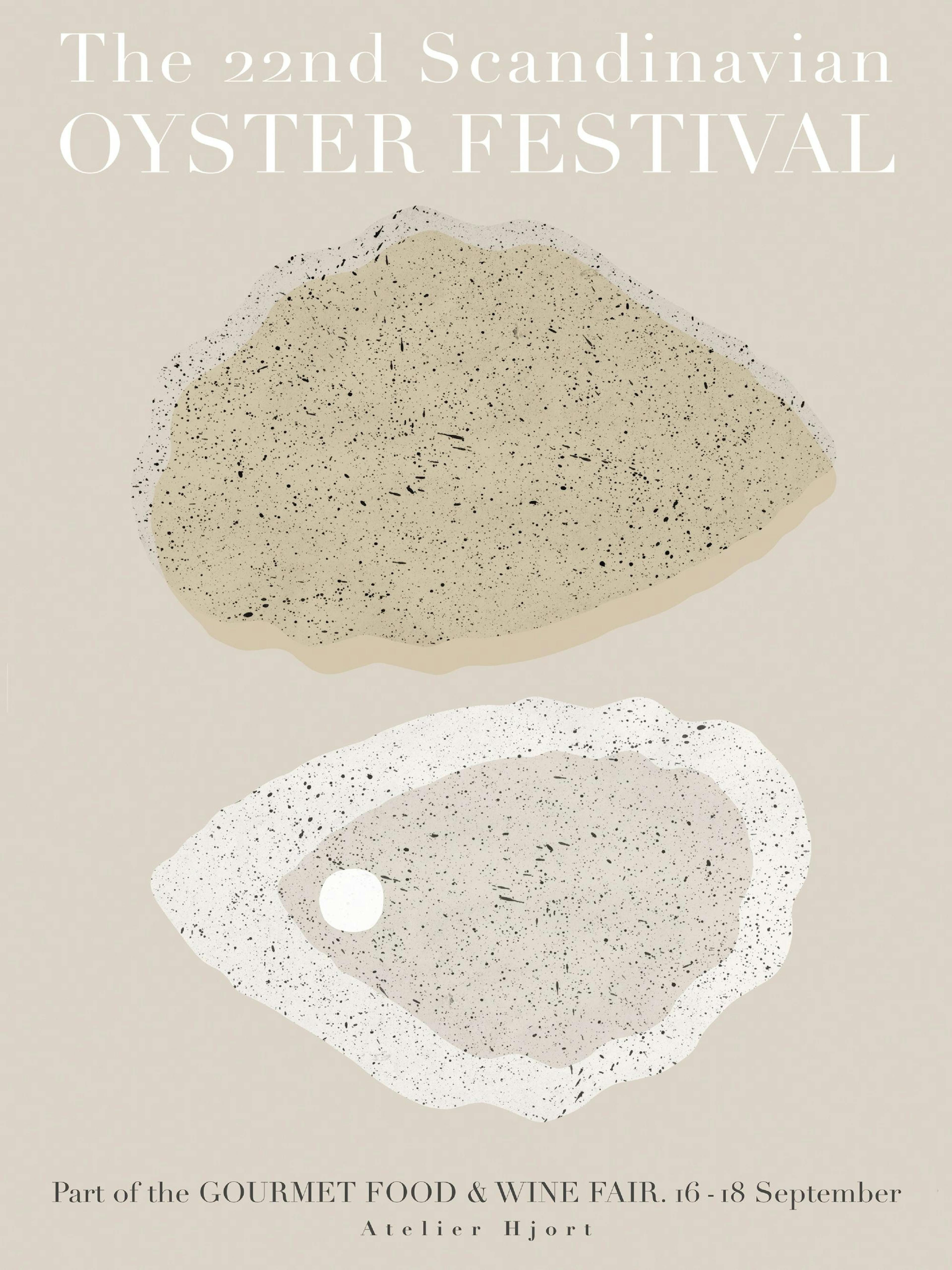 Póster minimalista del Festival de la Ostra, con dos ostras detalladas en beige y blanco sobre un fondo claro.