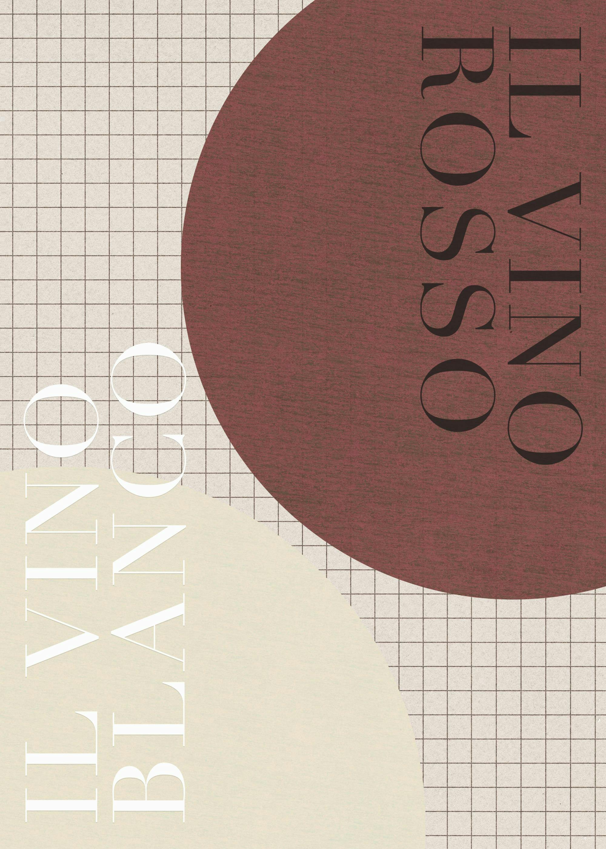 Affiche Il Vino par Julia Hallström Hjort, cercle rouge, texte noir, cercle beige clair, texte blanc, fond beige à motifs quadri