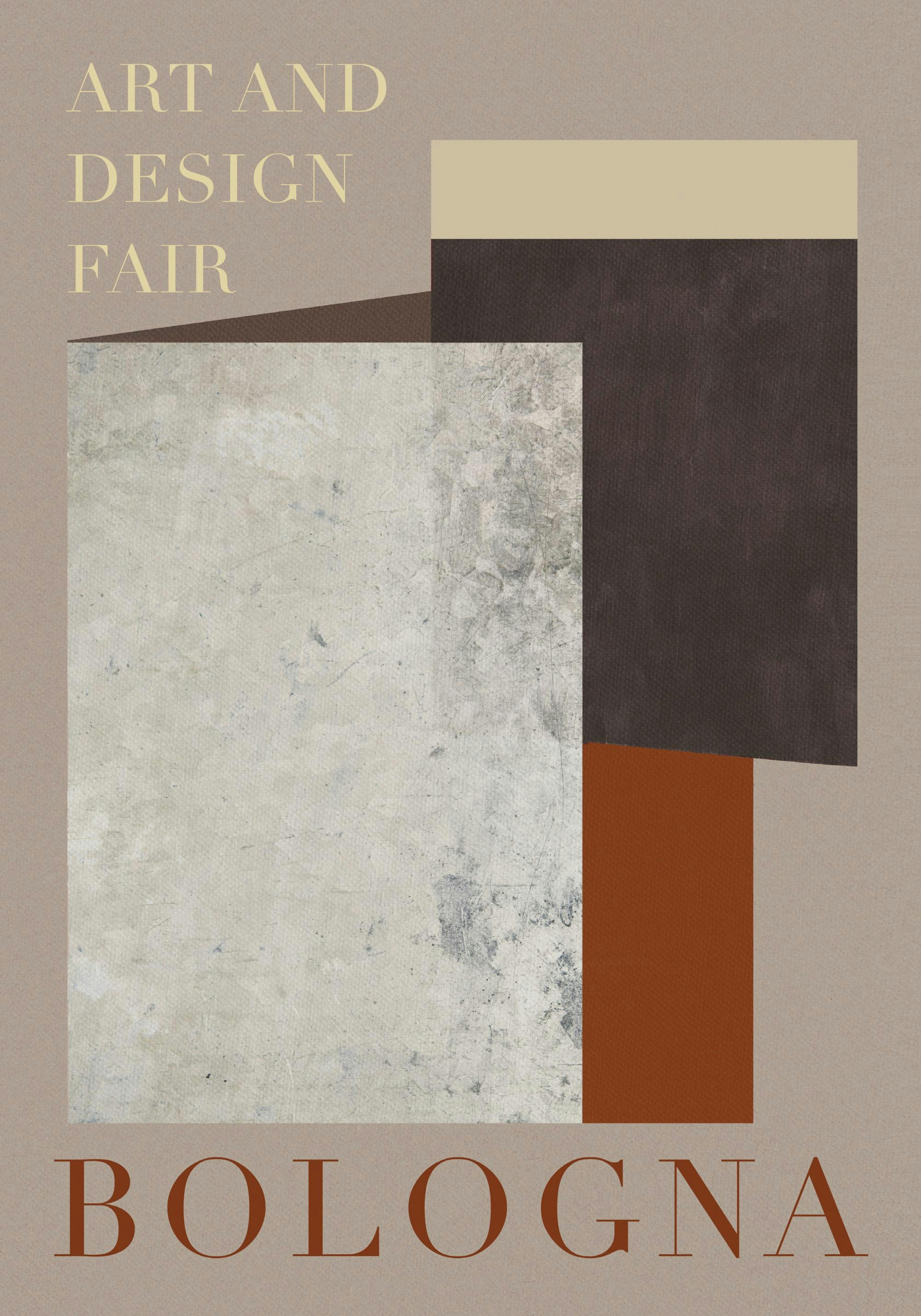 Póster Bologna de Julia Hallström Hjort, ilustración gráfica abstracta con cuadrados superpuestos en tonos tierra y beige, texto