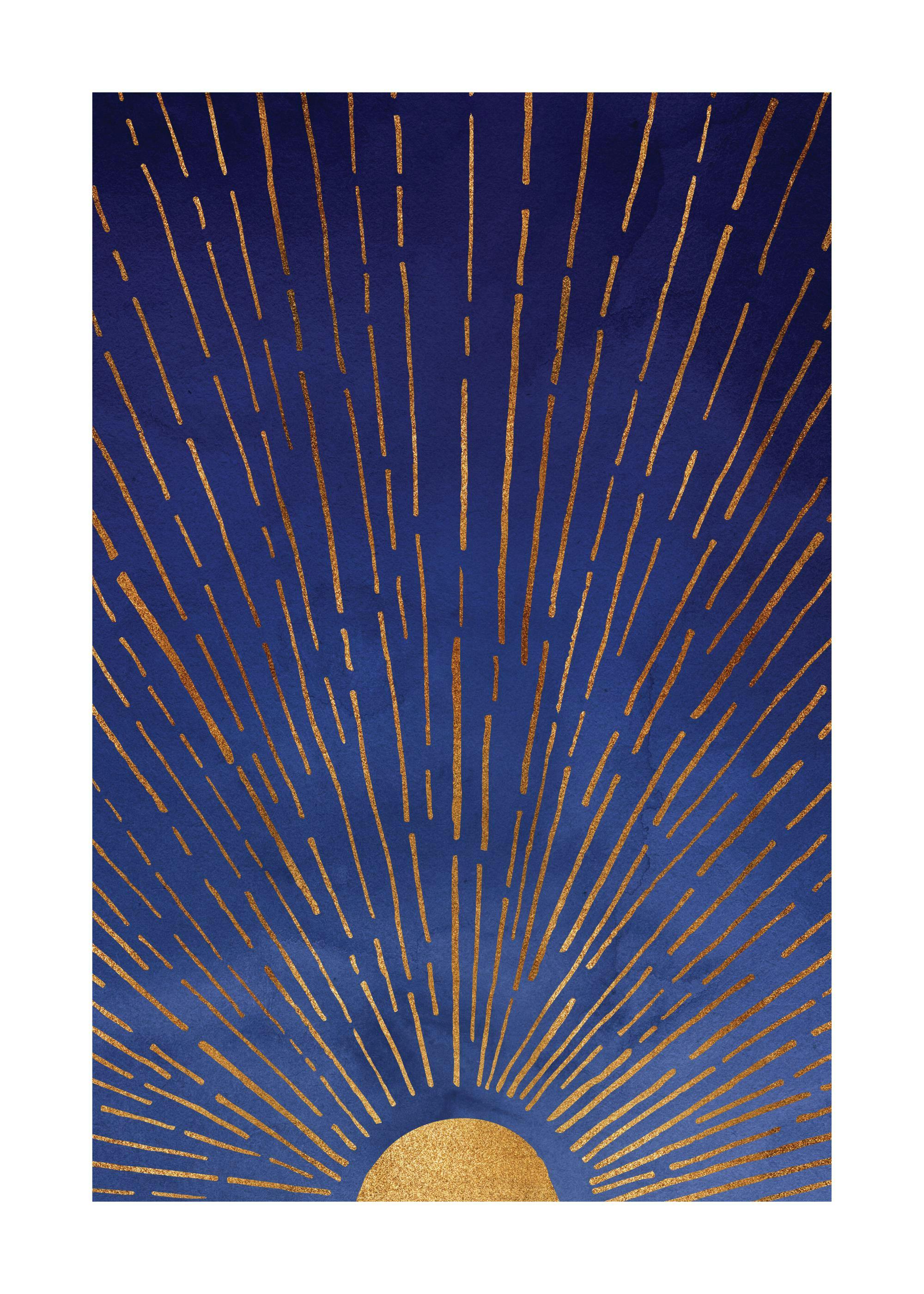 Kunstplakat med gylden solopgang og stråler mod en majestætisk, mørkeblå himmel. Design af Kristian Gallagher.