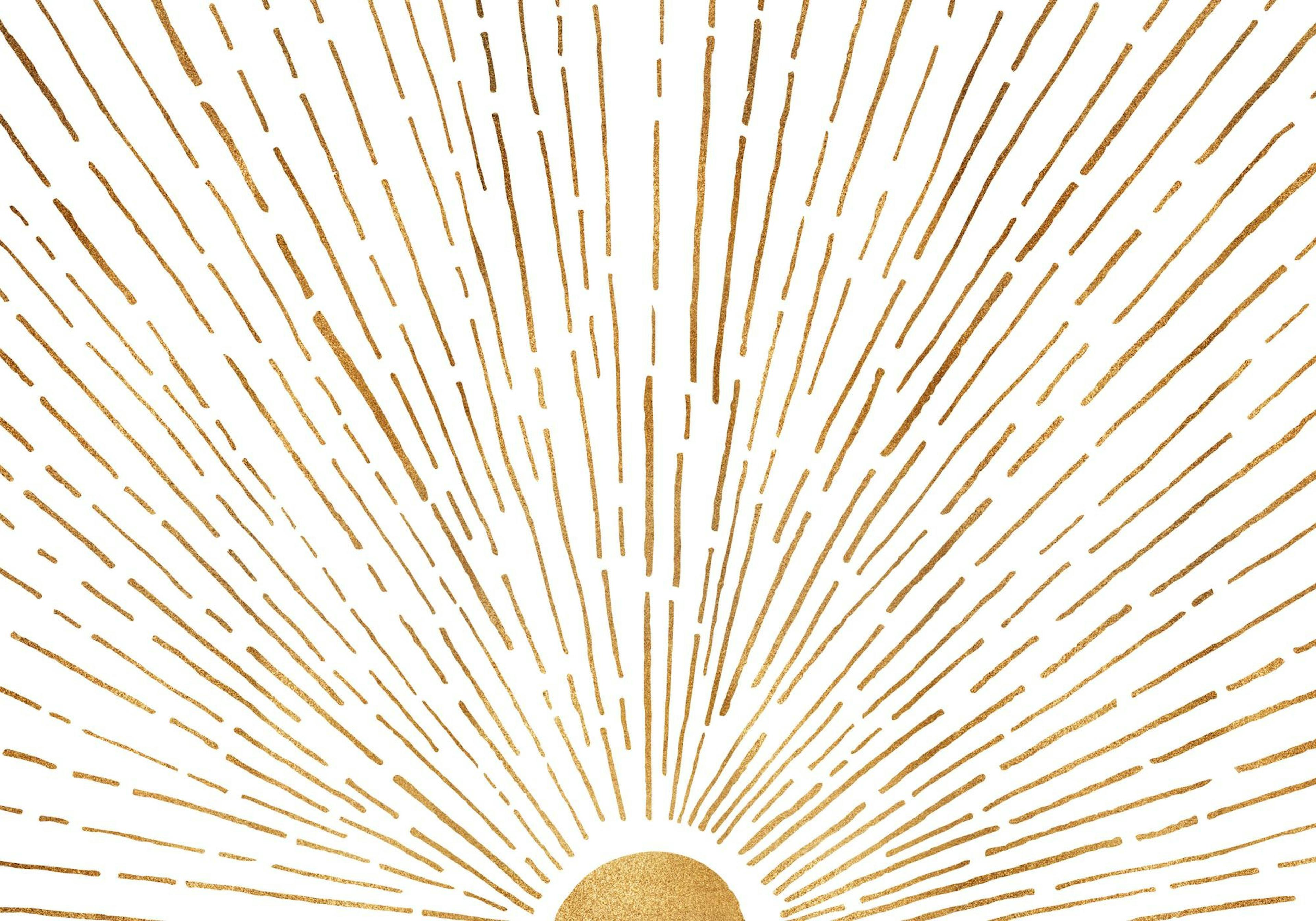 Kristian Gallaghers illustration of a golden metallic sun shining, with radiating rays against a white background.