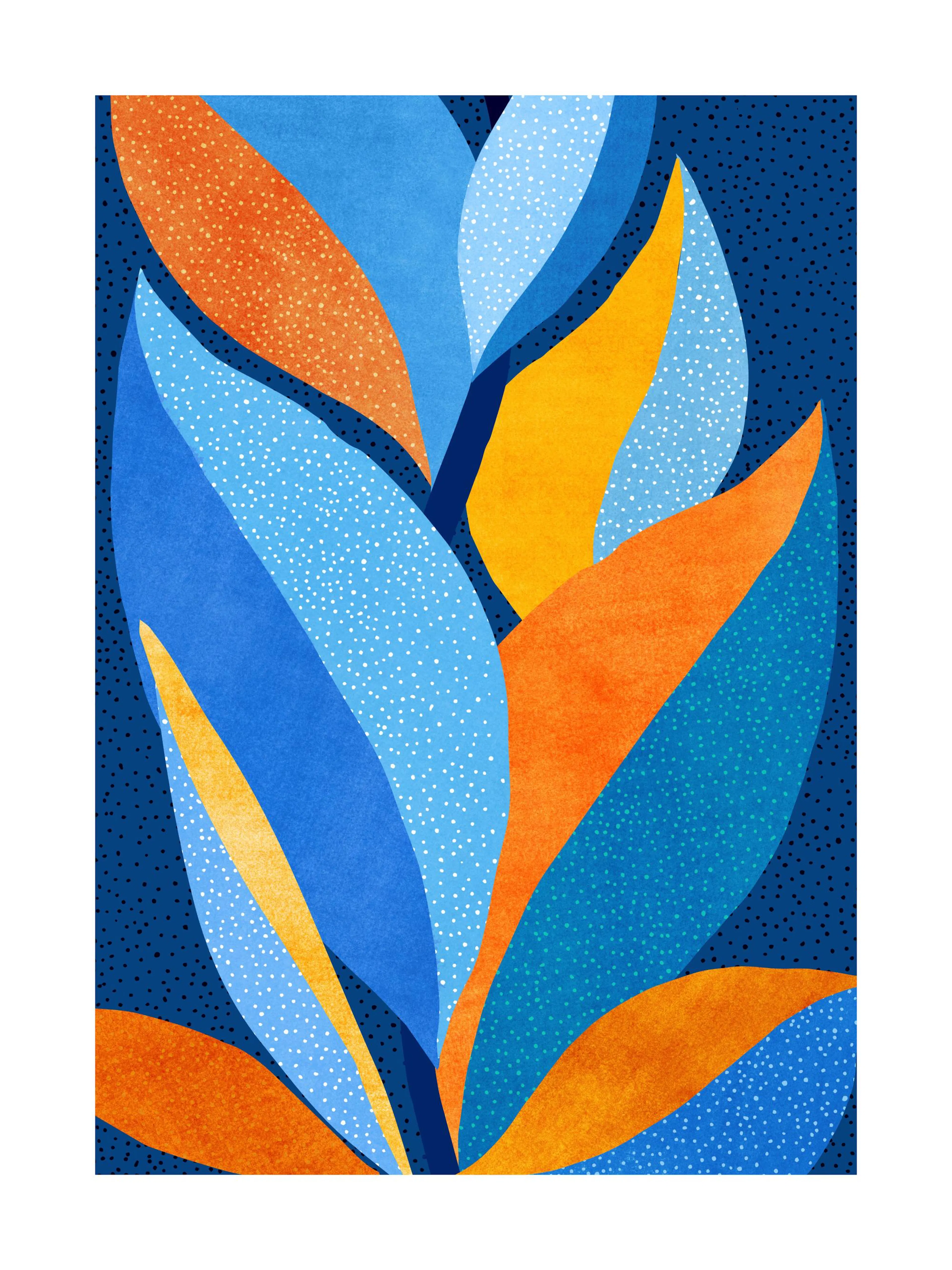 Kristian Gallagher First Light Poster: Abstrakte Pflanze mit blauen, orangefarbenen und gelben Blättern auf dunklem Hintergrund