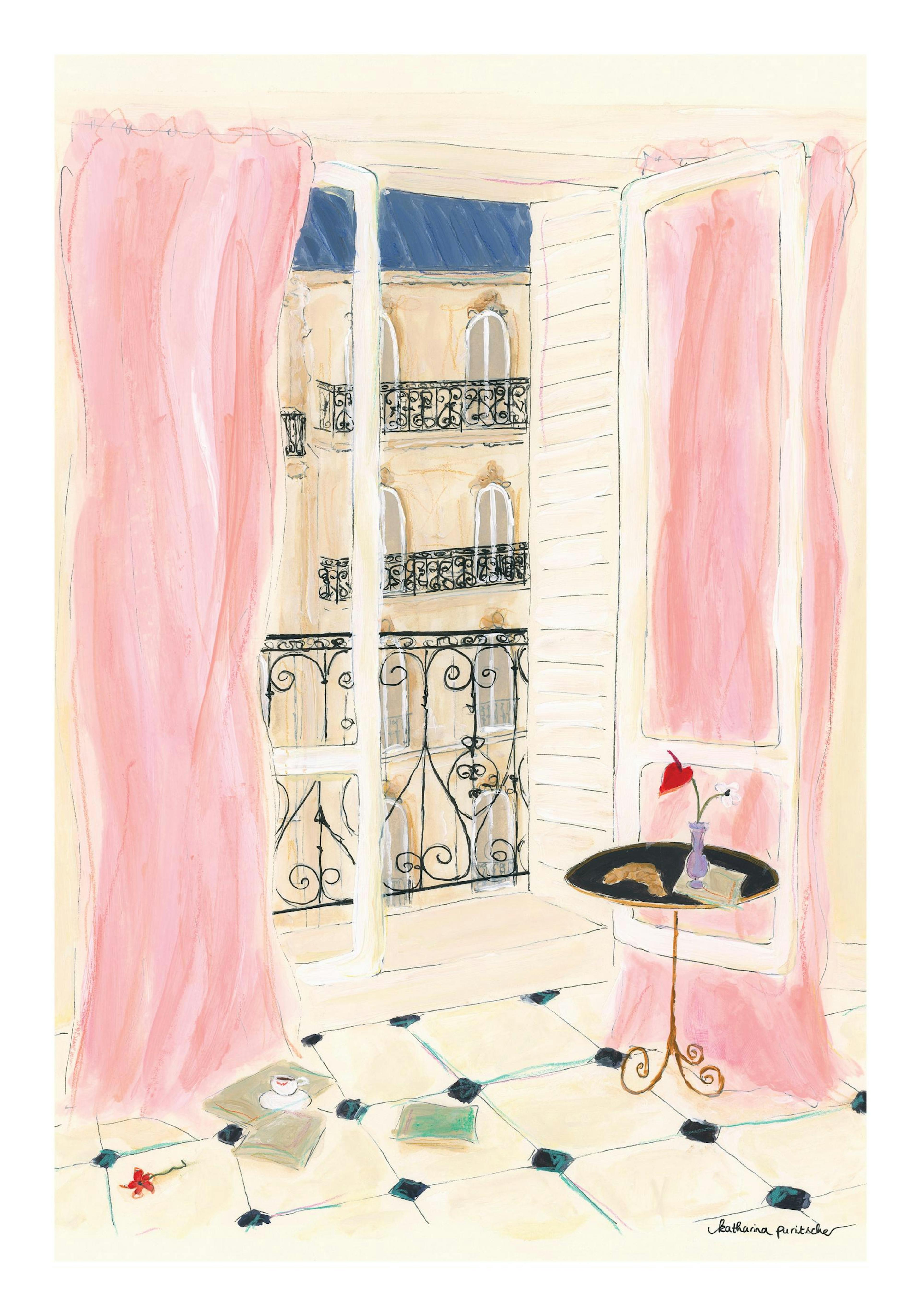Kleurrijke poster van een Frans balkon met roze gordijnen en uitzicht op Parijse gebouwen, inclusief een tafel met croissant en 