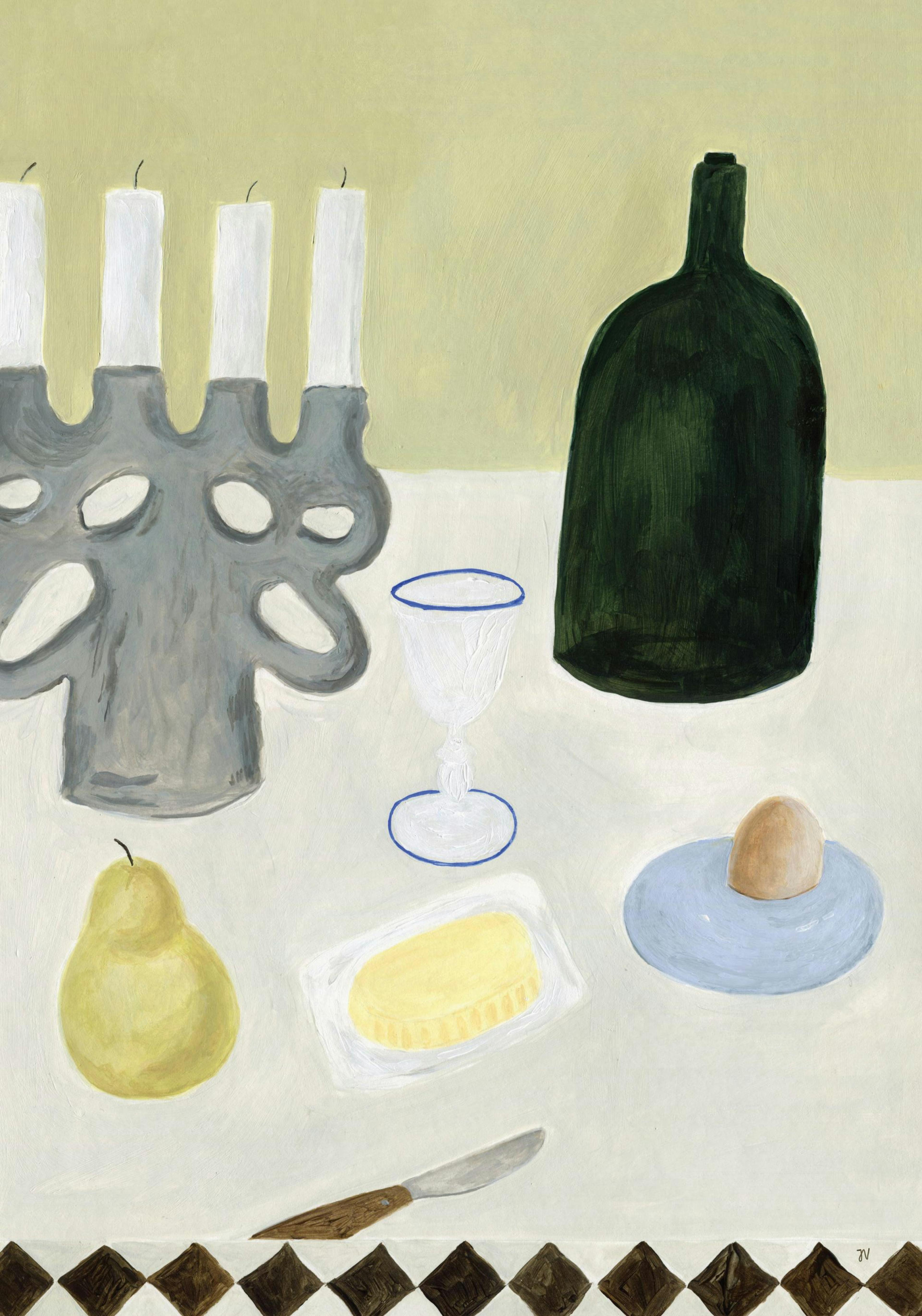 Gouache still life print by Isabelle Vandeplassche, featuring breakfast items in a muted palette: pear, butter, egg, and bottle.