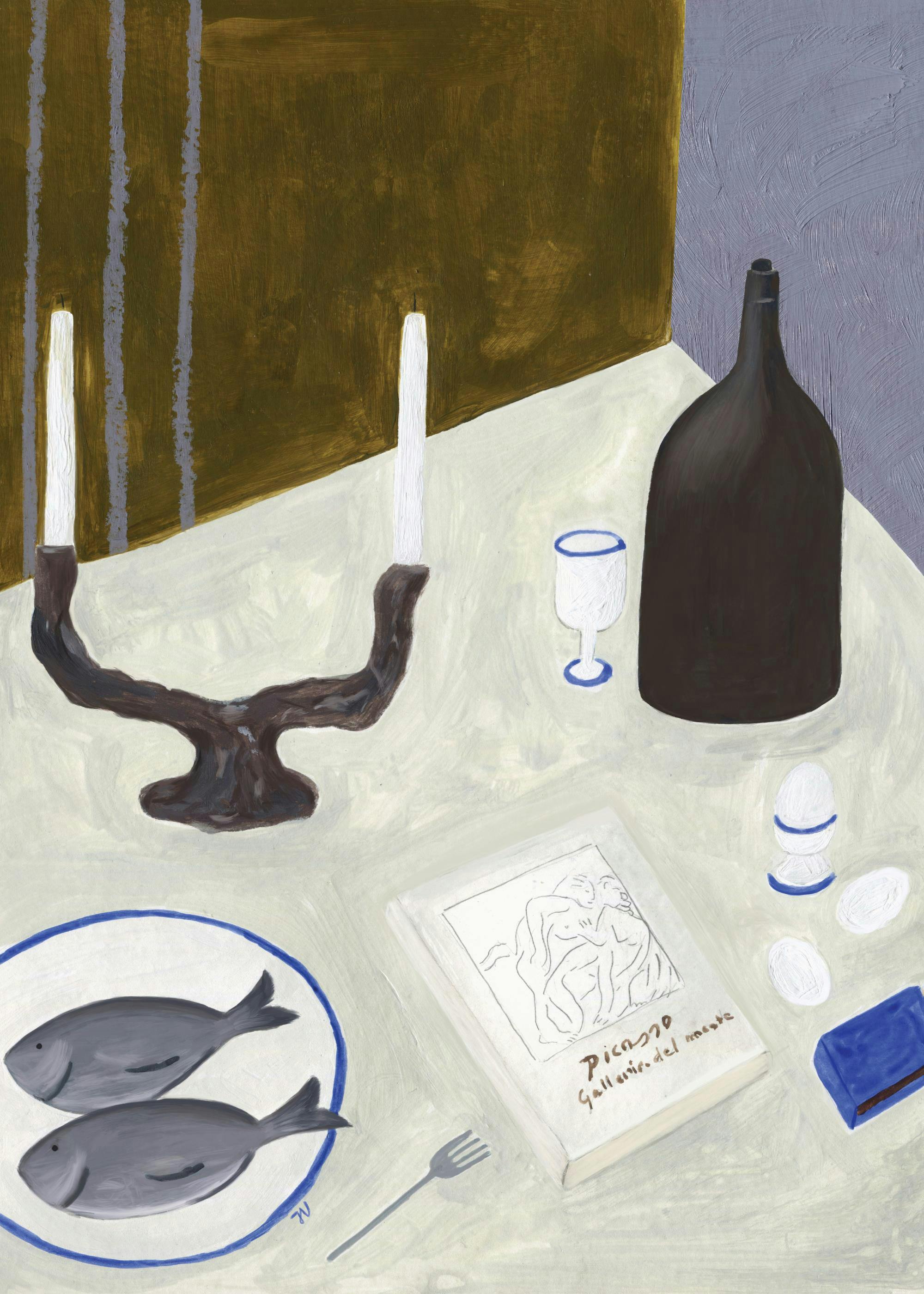 Isabelle Vandeplassche gouache still life af spisebord med fisk, vin, lys og Picasso-bog i varme jordfarver.