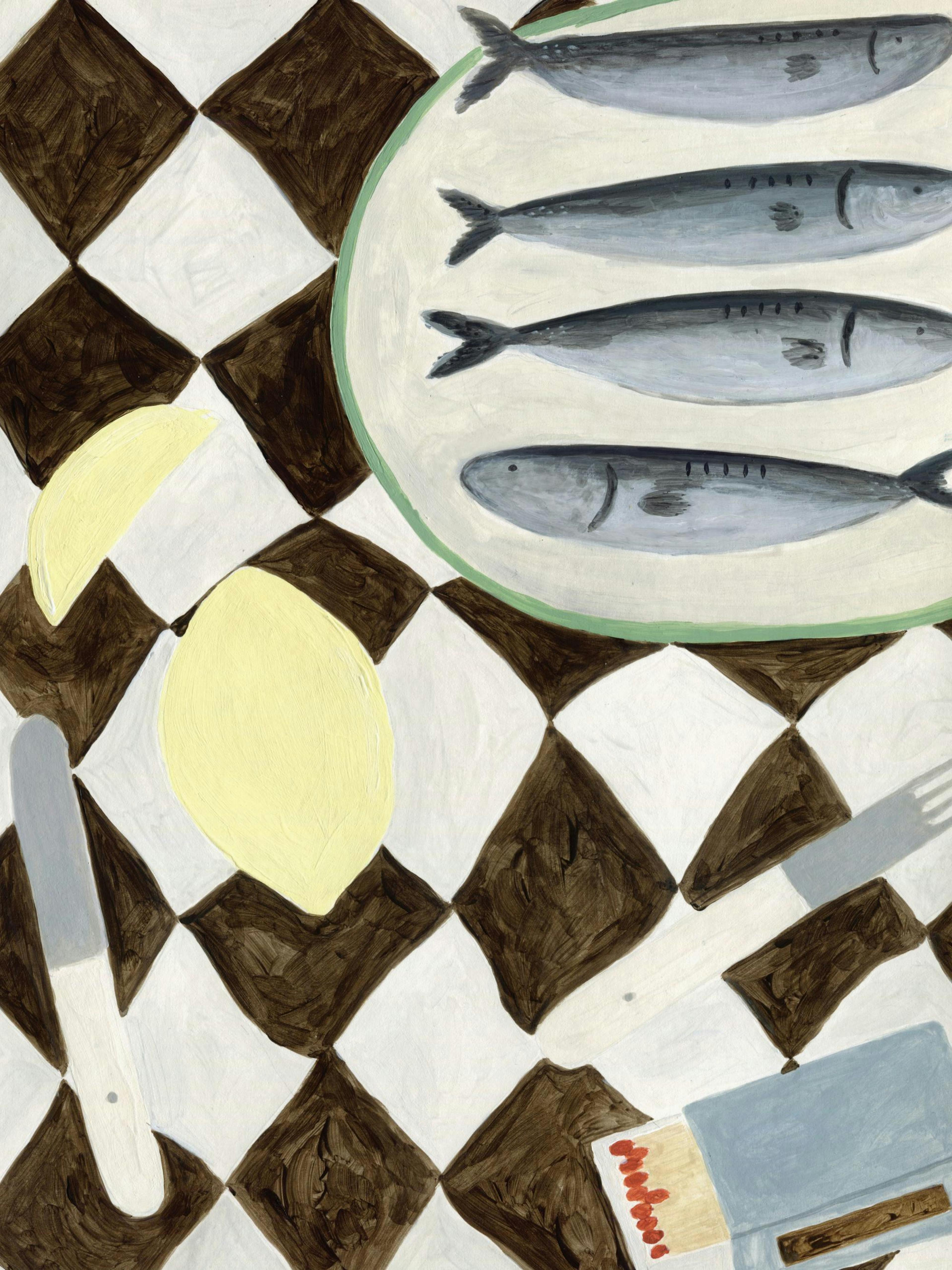 Gouache print of fish and lemons on a checkered tablecloth with a knife, fork, and matchbox.
