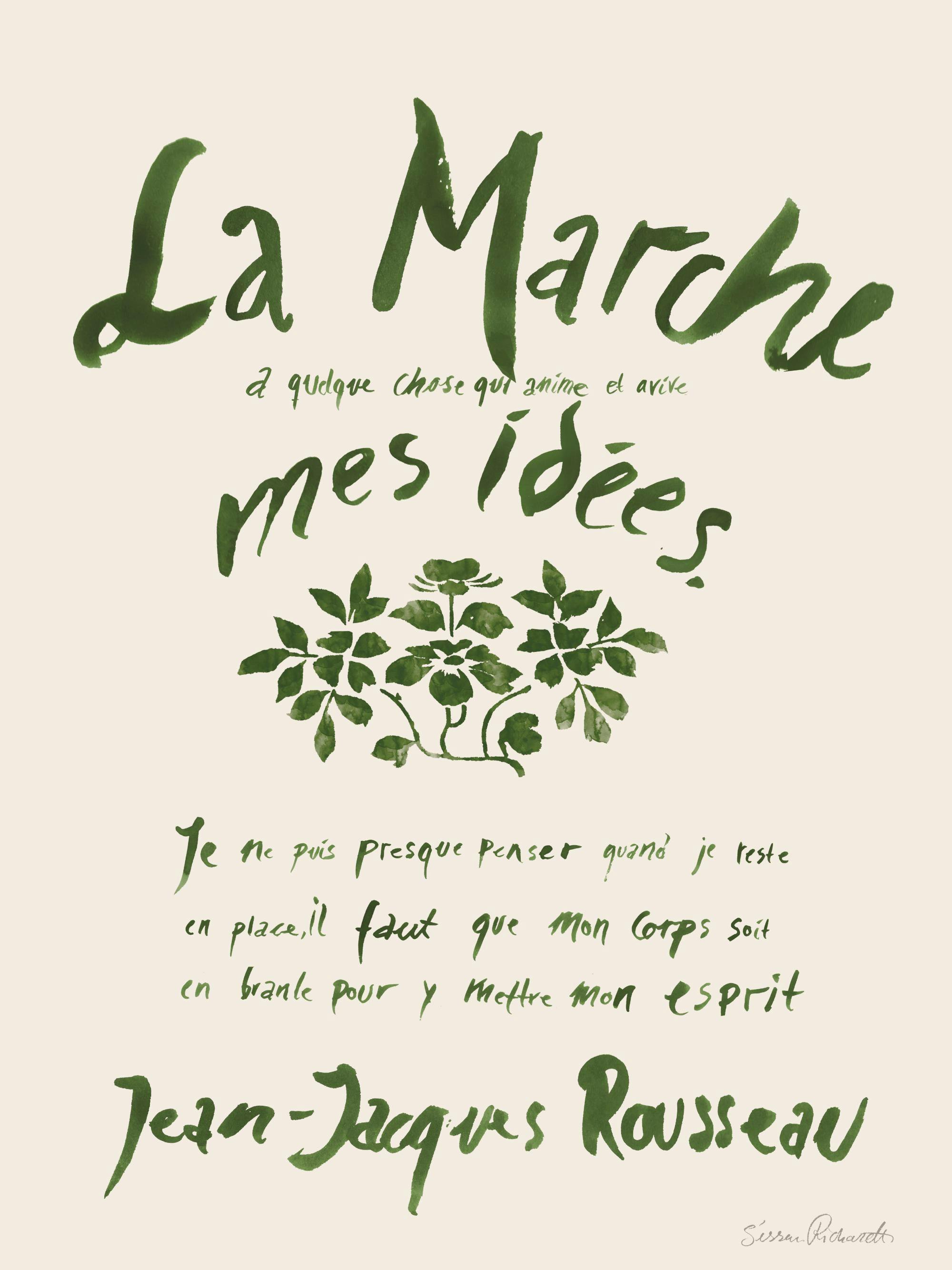 Sissan Richardt La Marche Poster: Kalligrafie-Poster mit botanischen Elementen und französischem Text in Grün auf Beige.