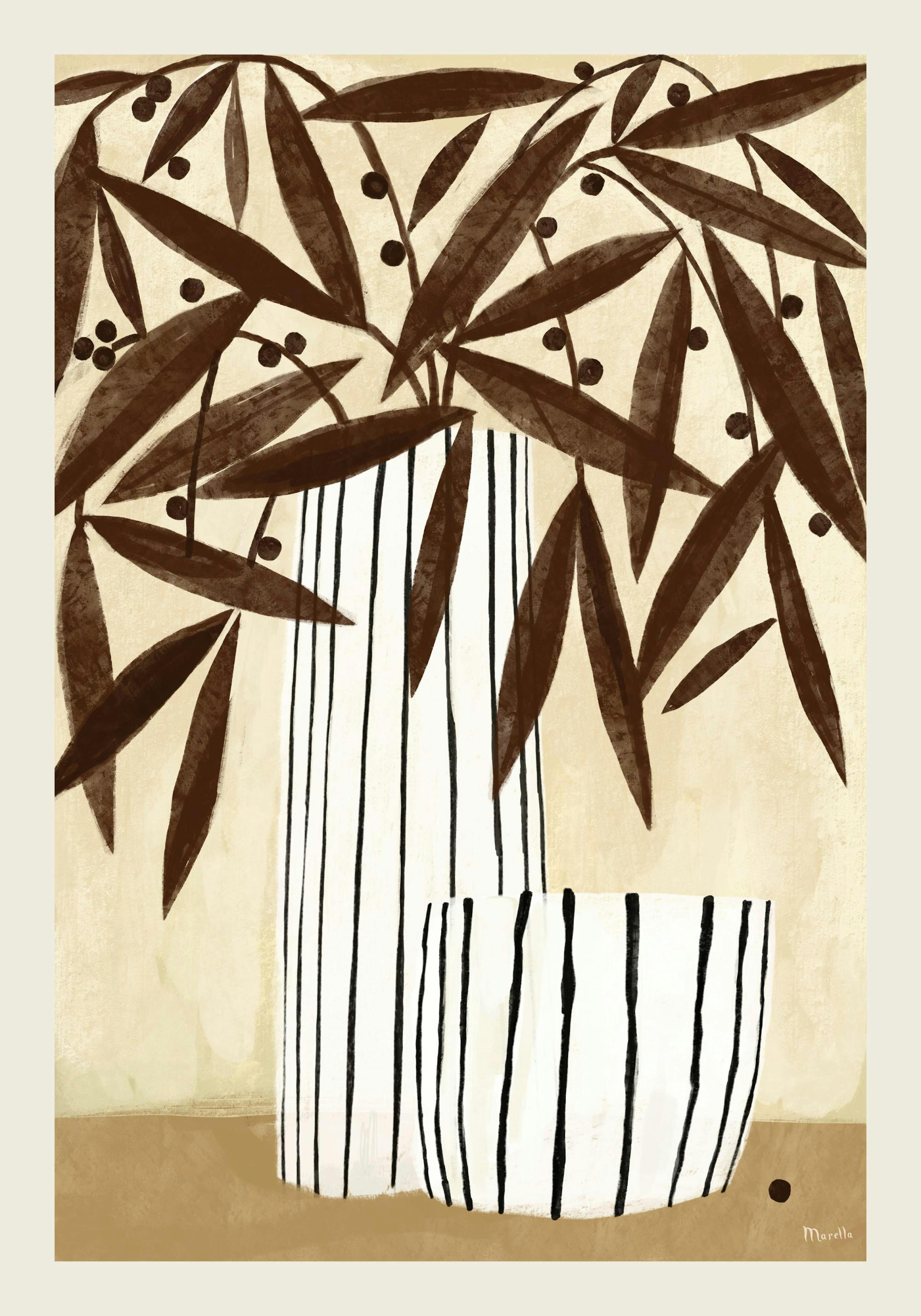 Affiche de fleurs séchées de Marco Marella, illustration de plantes marron dans des vases rayés blanc et noir, style typographie