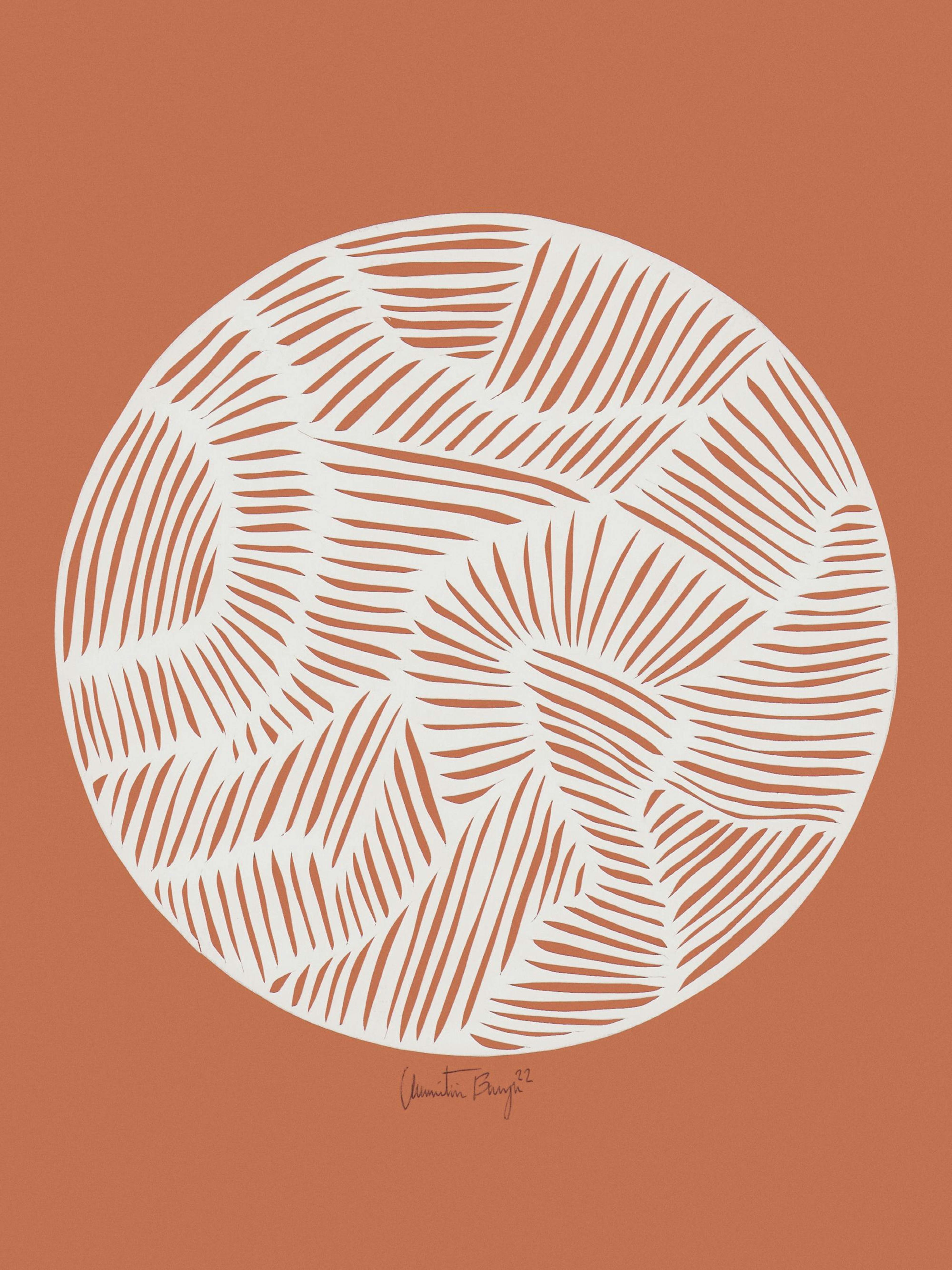 Poster mit weißem Kreis und orangefarbenen Linien auf orangem Hintergrund, abstraktes Design von Christine Brage.