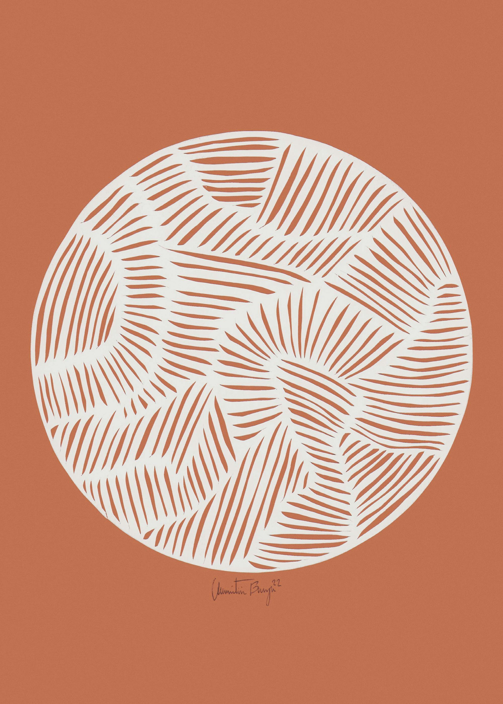 Plakát: Bílý kruh s oranžovými liniemi uvnitř na oranžovém pozadí, připomínající slunce. Minimalistický design Christine Brage.
