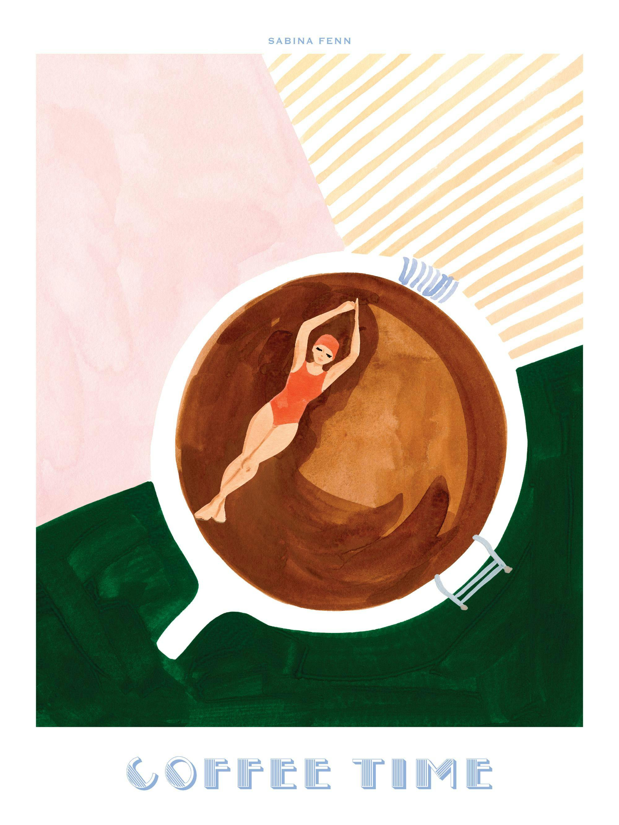 Sabina Fenn Poster: Frau in rotem Badeanzug schwimmt in einer Kaffeetasse, mit Coffee Time Schriftzug.