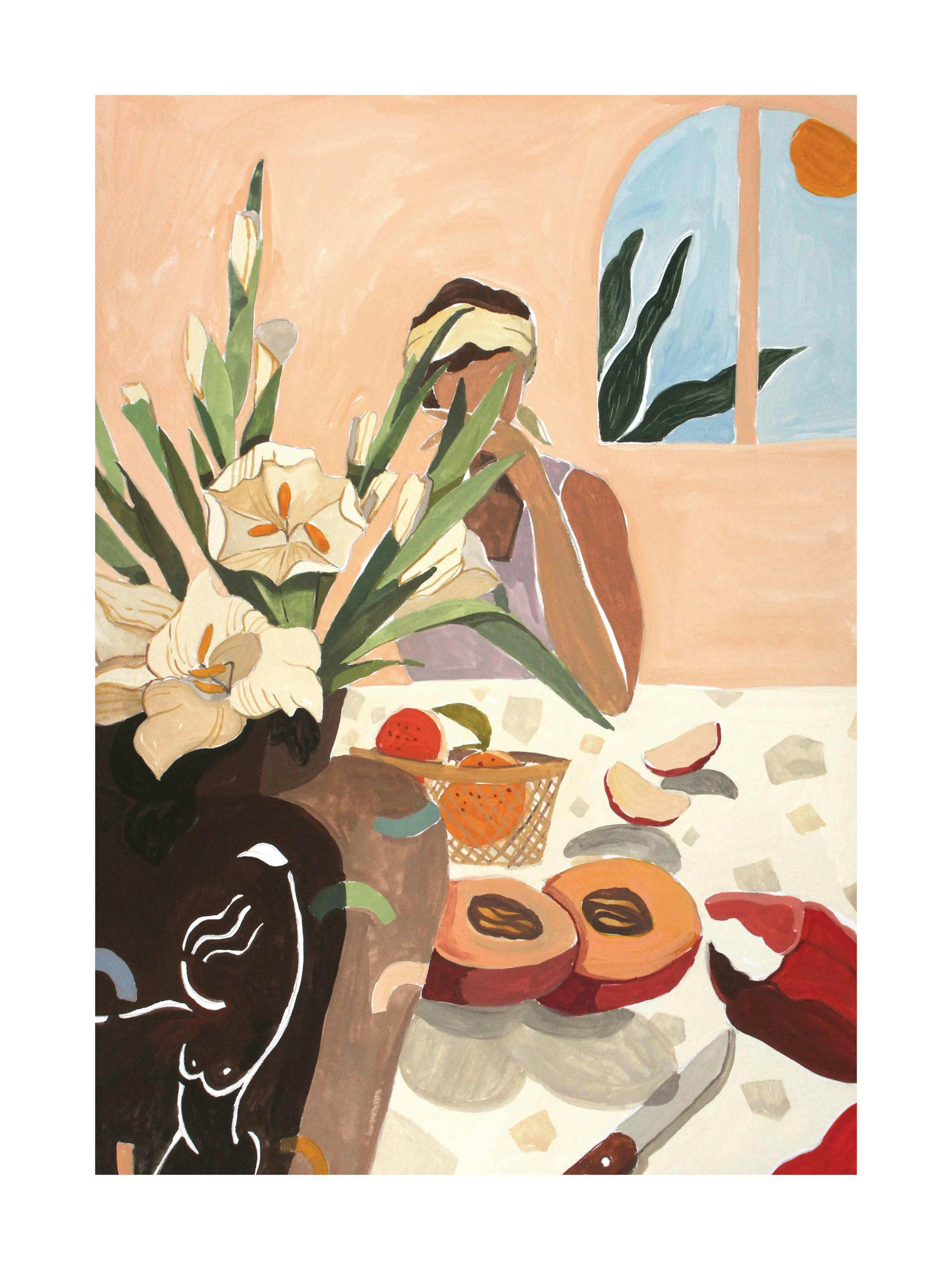 Arty Guava - Lay Hoon Poster: Frau beim Brunch mit Obst und Blumen, Gouache-Malerei in warmen Tönen.