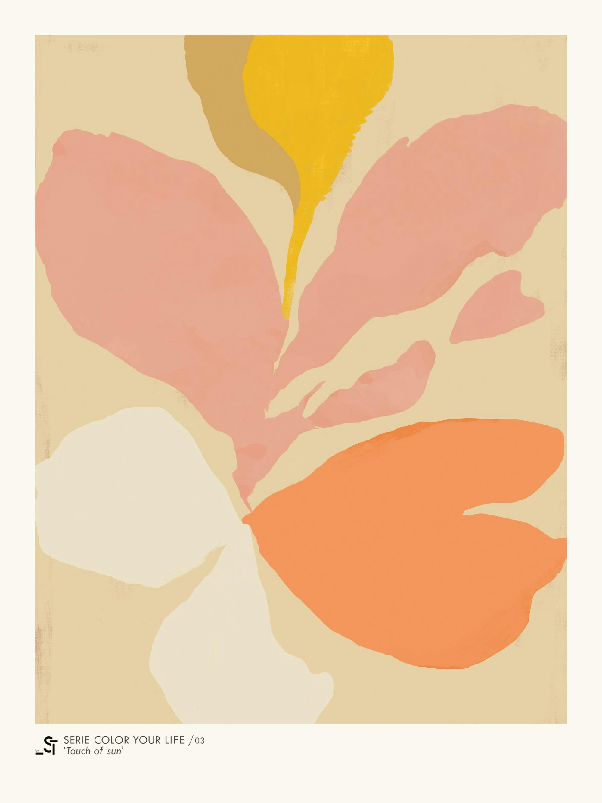 Grafisk botanisk poster, abstrakta blad i rosa, gult, orange och vitt, mot en beige bakgrund, av Sylvia Takken.