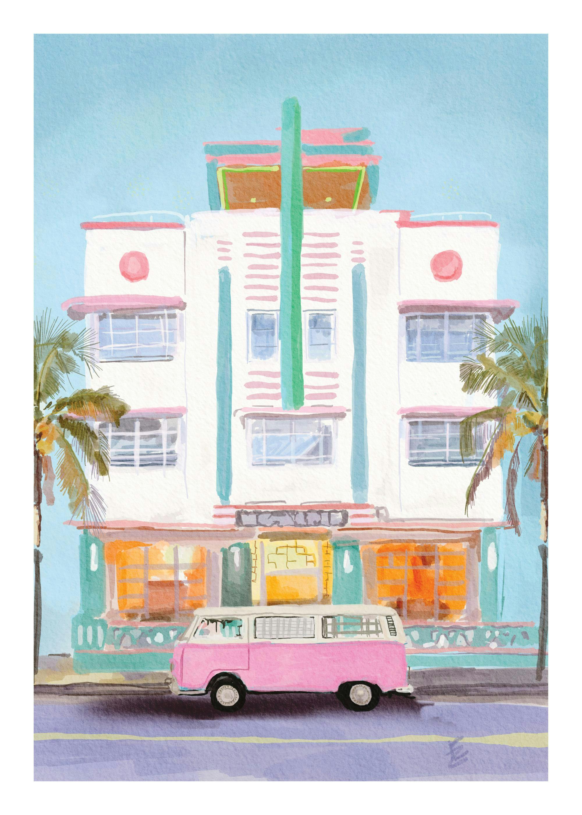 Akwarela przedstawiająca pastelowy budynek w stylu Art Deco z palmami i różowym busem vintage. Plakat Ekateriny Zagorskiej.
