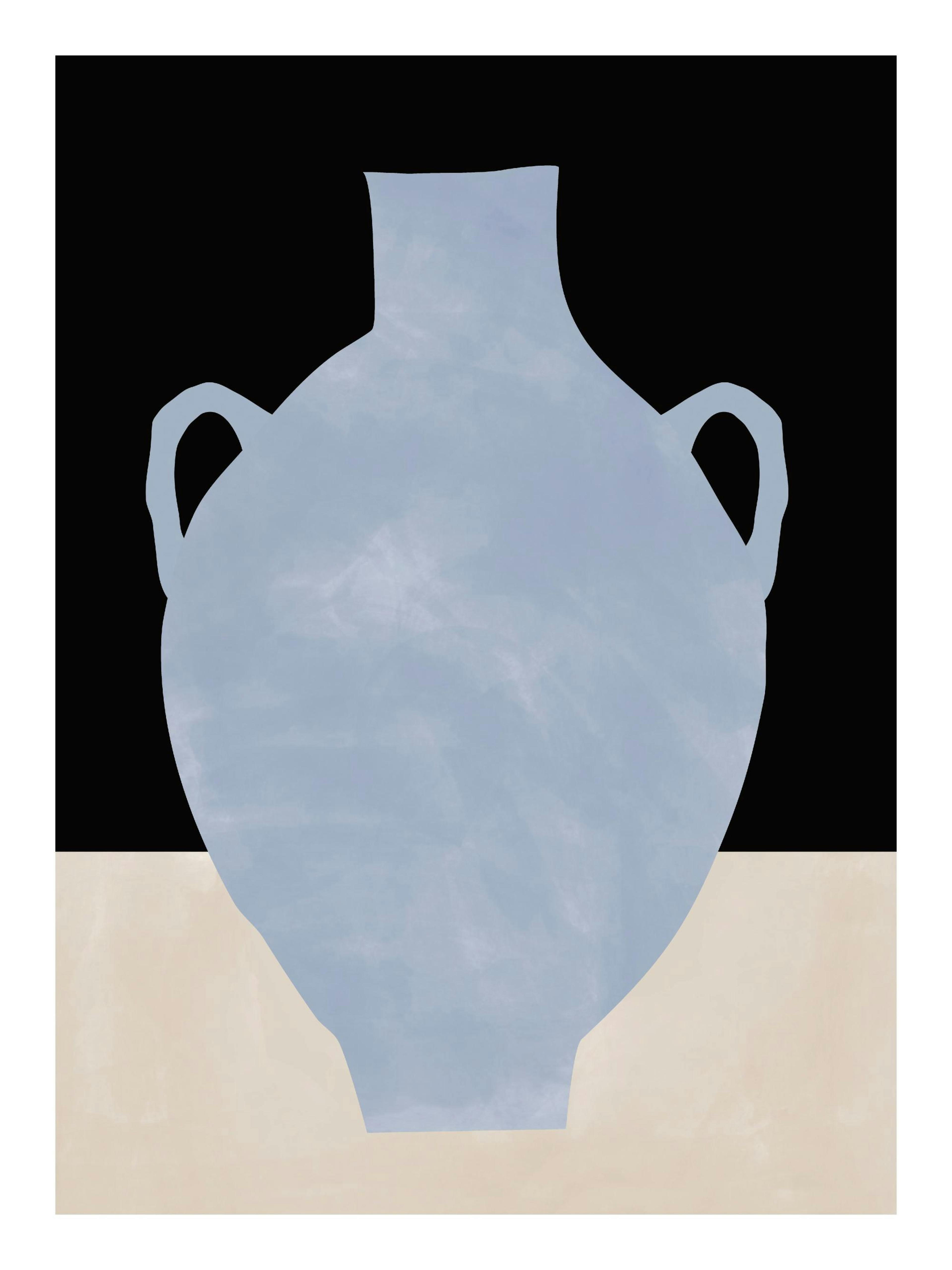 Hellblaue Vase auf beigem Hintergrund, Stillleben-Illustration in minimalistischem Stil.