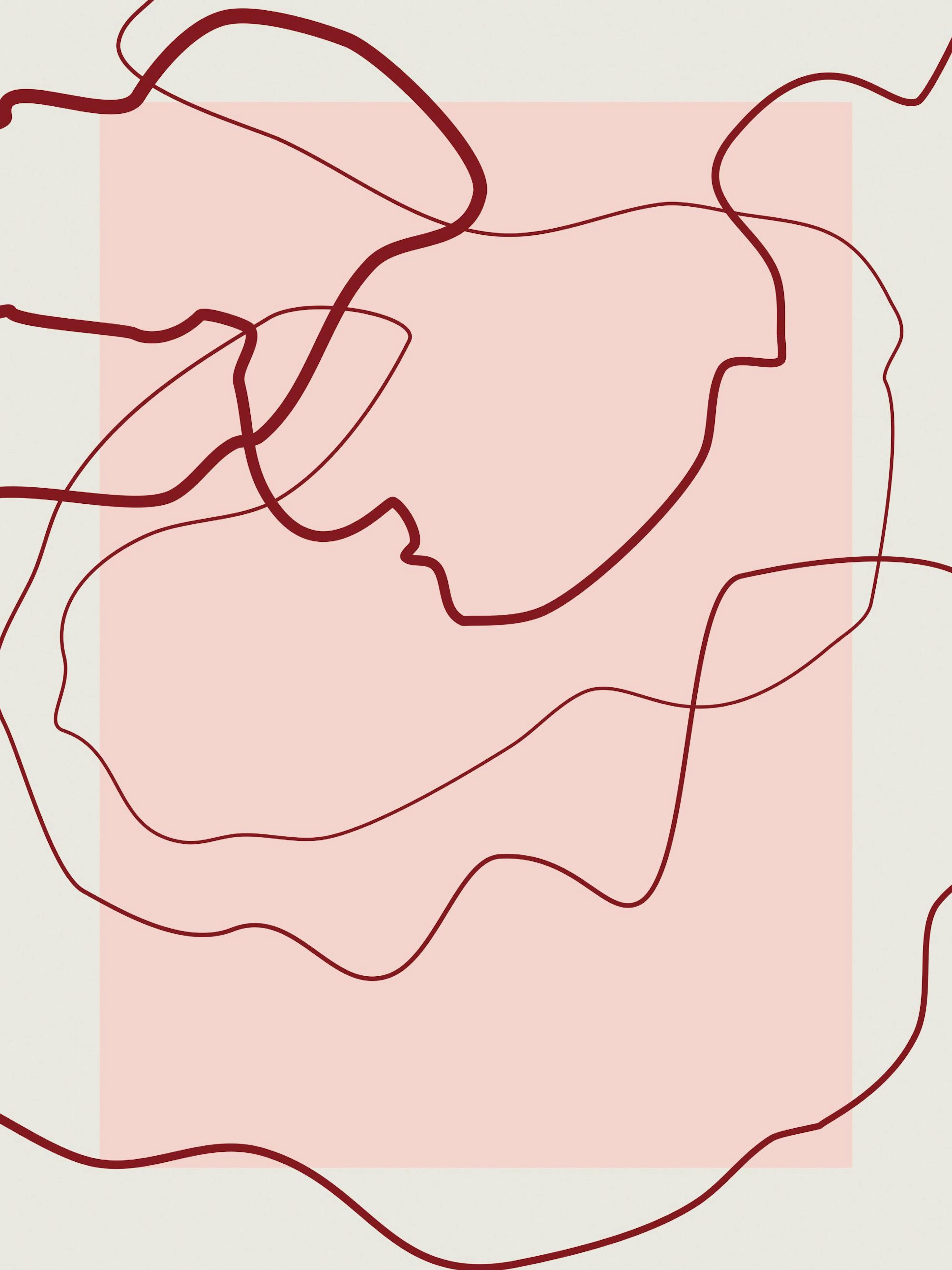 Plakát s abstraktními červenými liniemi na růžovém a světle béžovém pozadí. Moderní grafická ilustrace.