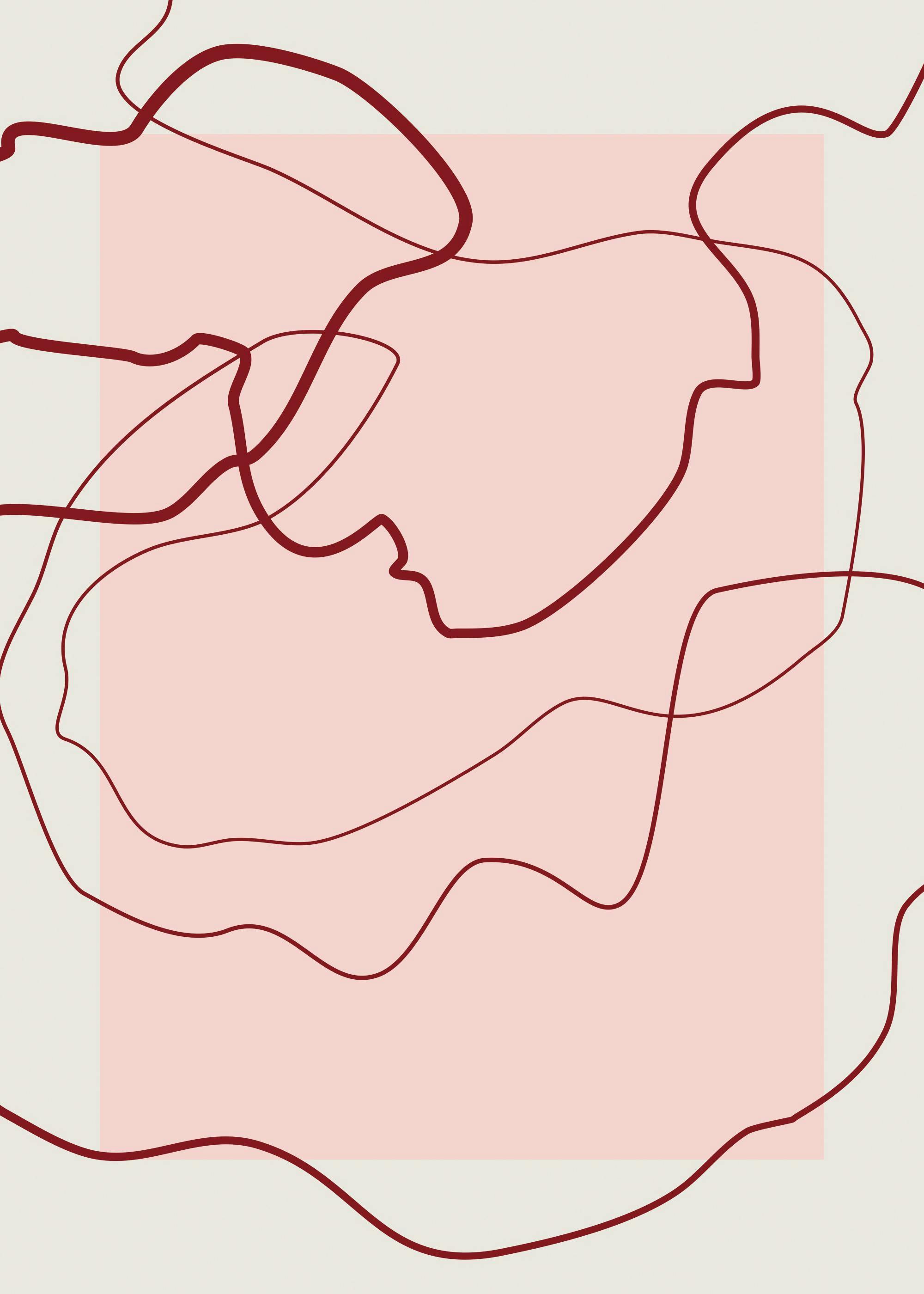 Abstrakt plakat med røde, snoede linjer på lyserød og lys beige baggrund, moderne kunst.