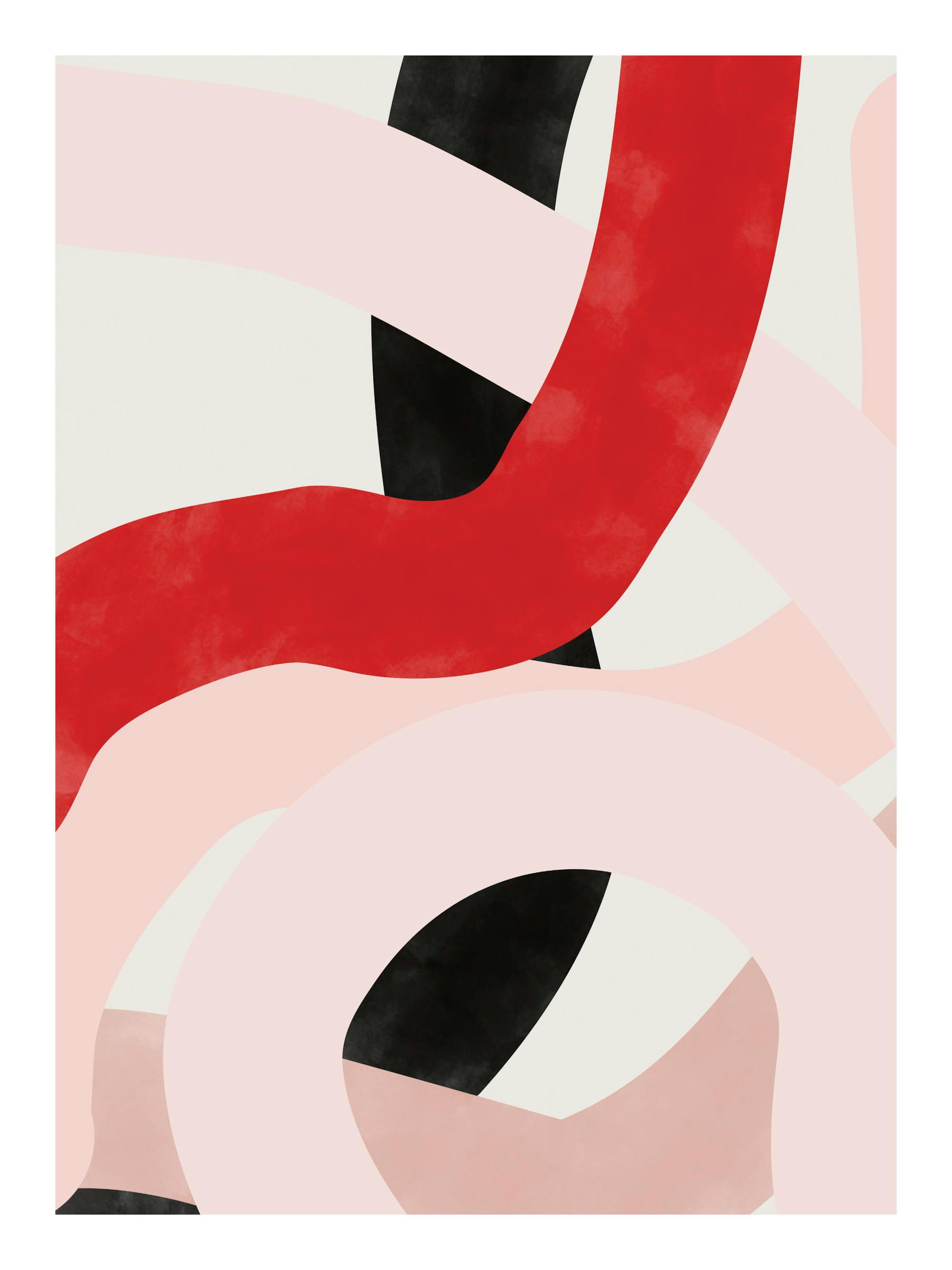 Abstract art print with thick red, pink, and black curved lines on a white background, a modern poster.