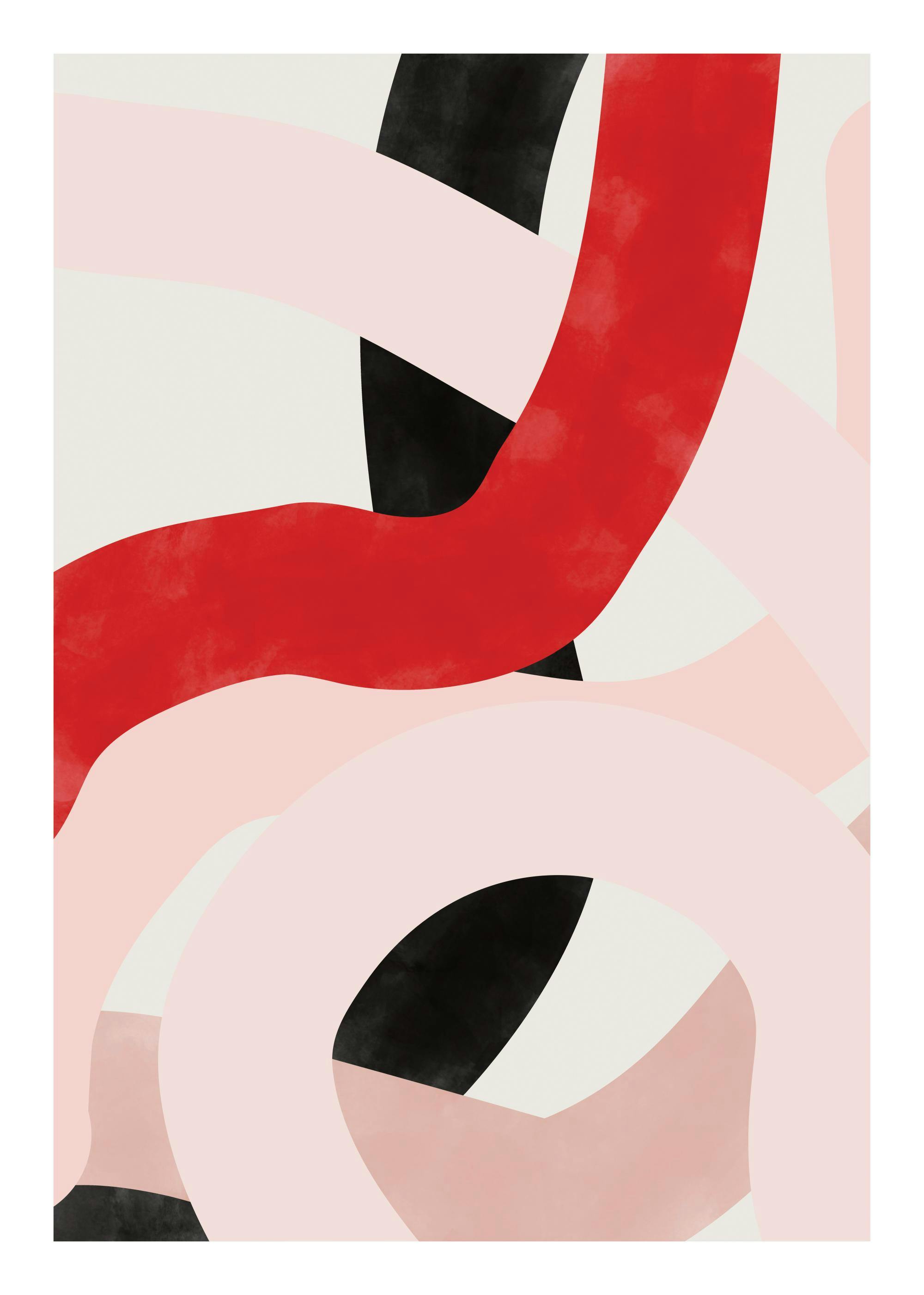 Red, pink, and black thick abstract lines intertwine on a white background, creating a modern art poster.