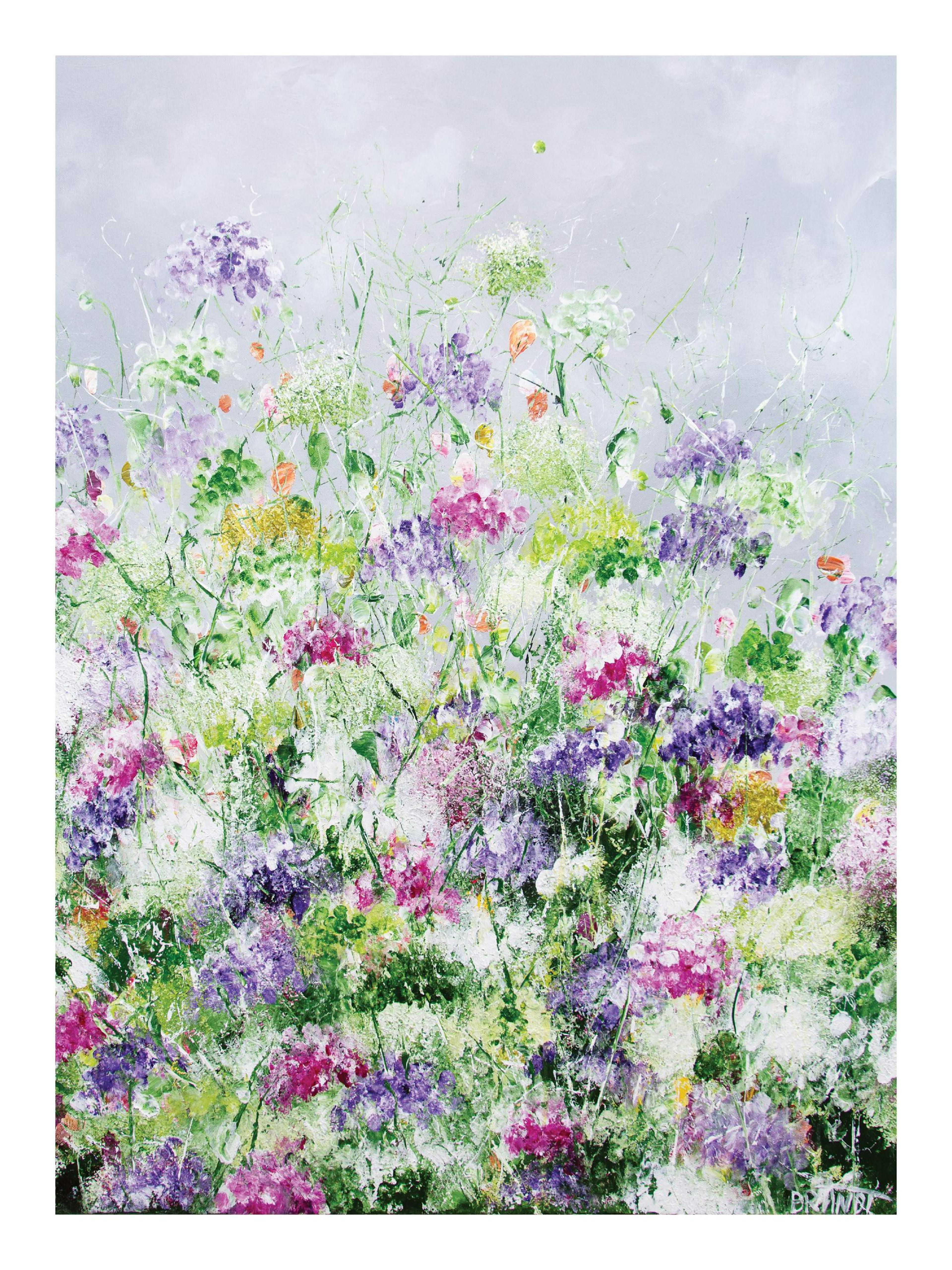 Poster fiori lavanda, rosa e verdi, vegetazione sfocata, stile Anna Brandt.