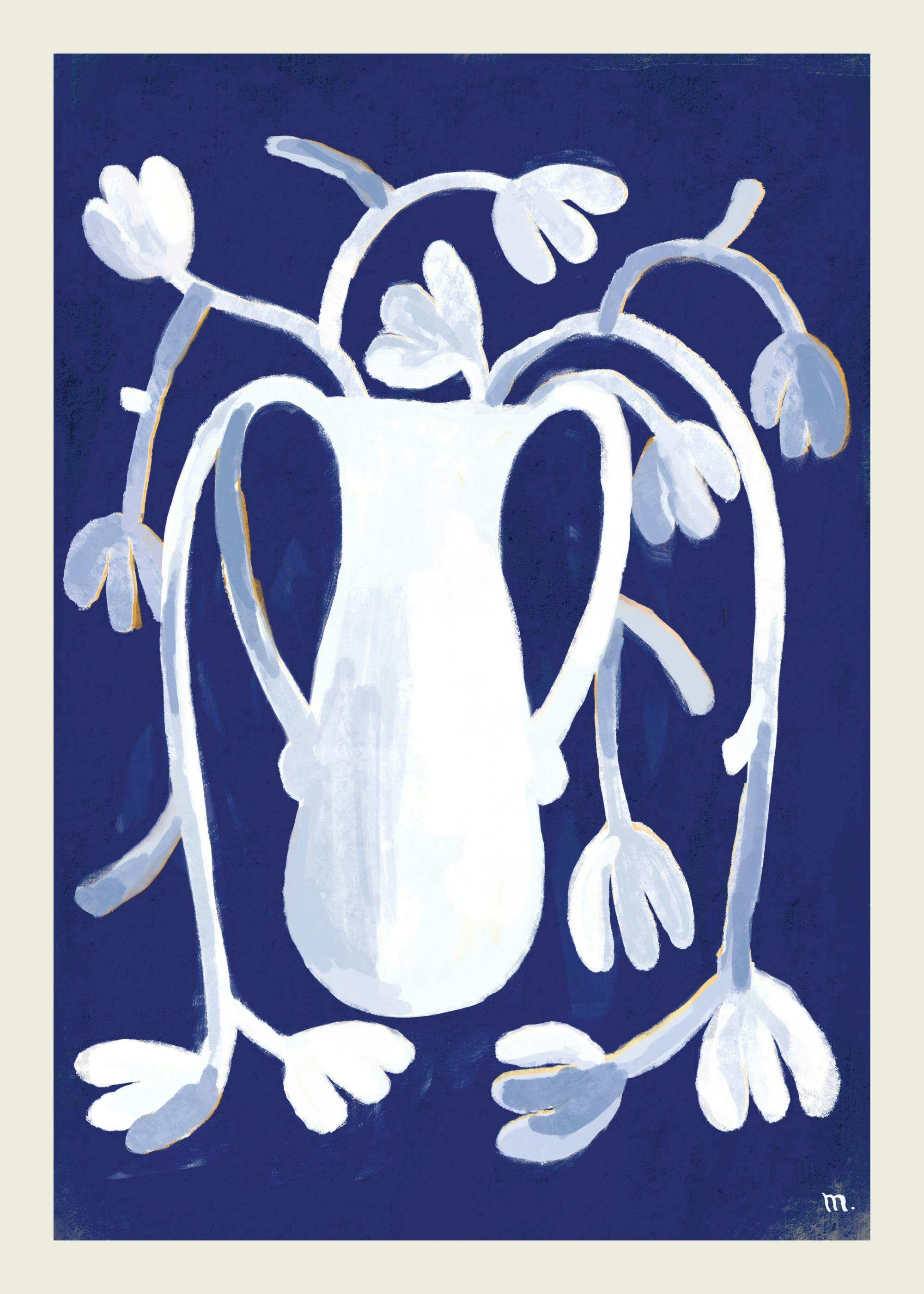 Marco Marella White Vase Print, abstract illustration of a white vase with hanging flowers on a dark blue background.