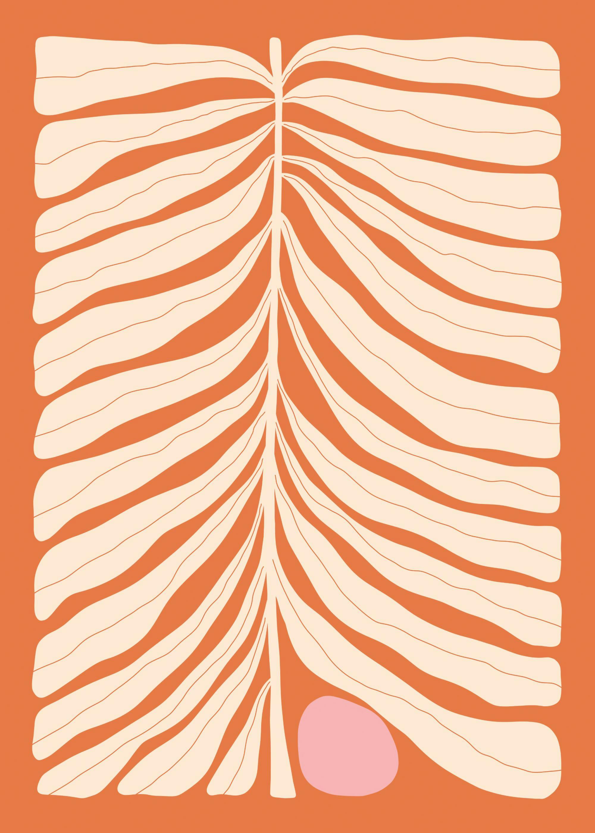 Affiche abstraite Arlo, feuille beige stylisée avec cercle rose sur fond orange rouille, par Rebecca Zwanzig.