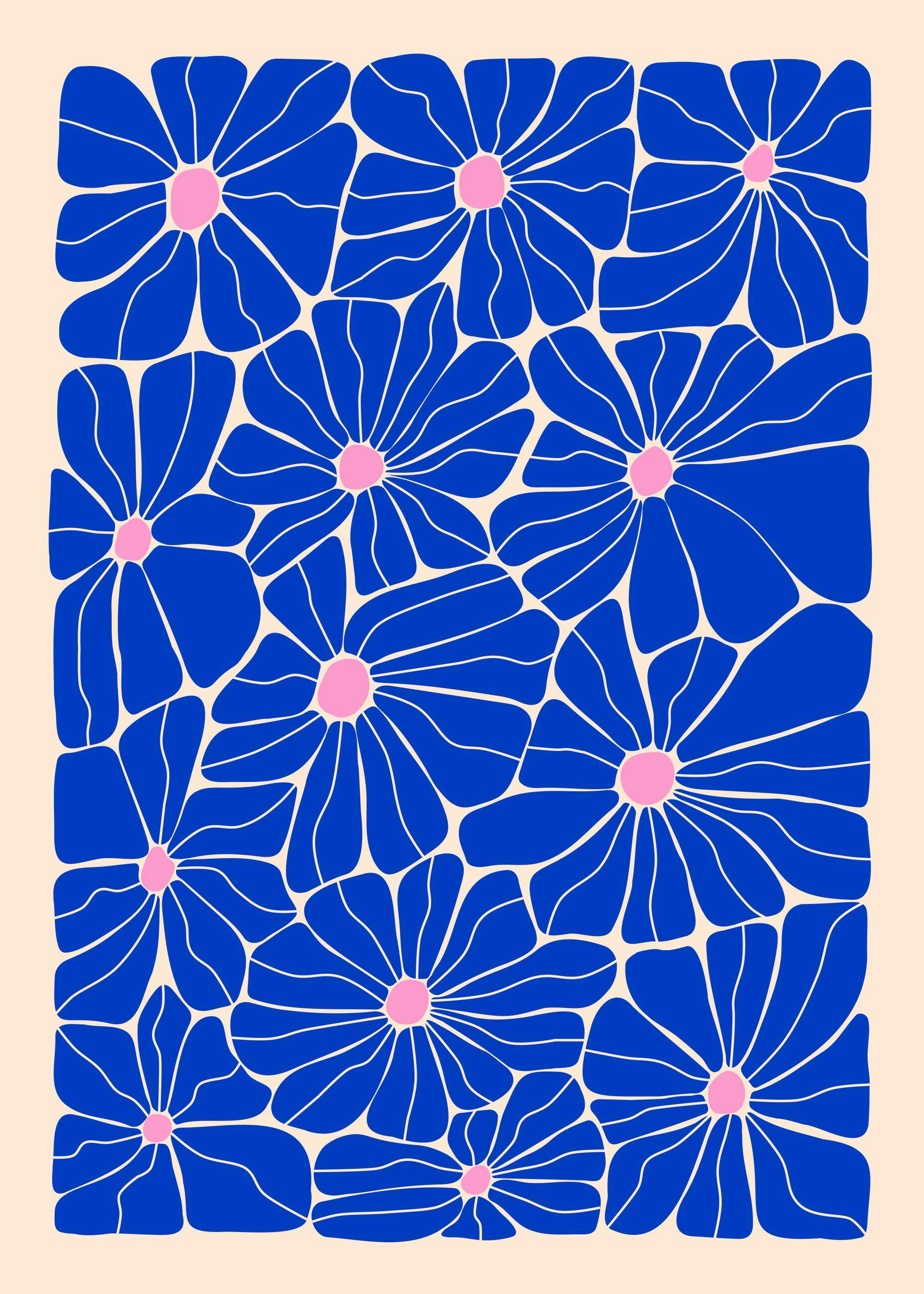 Plakat med mørkeblå blomster og rosa sentre på lys beige bakgrunn, organisk, abstrakt blomstermønster.