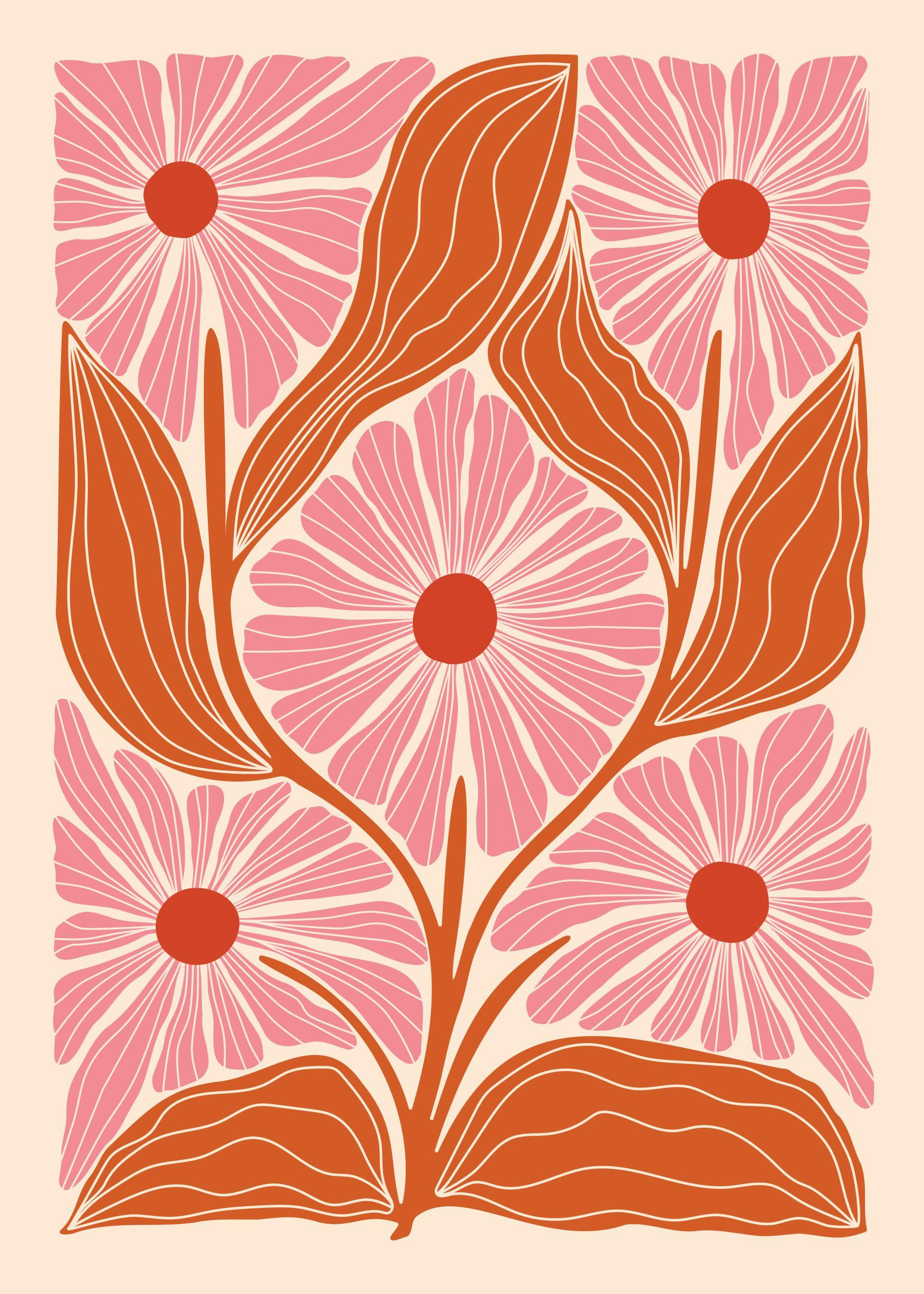 Affiche de fleurs roses abstraites et feuilles orange sur fond beige clair, motif floral de Rebecca Zwanzig.