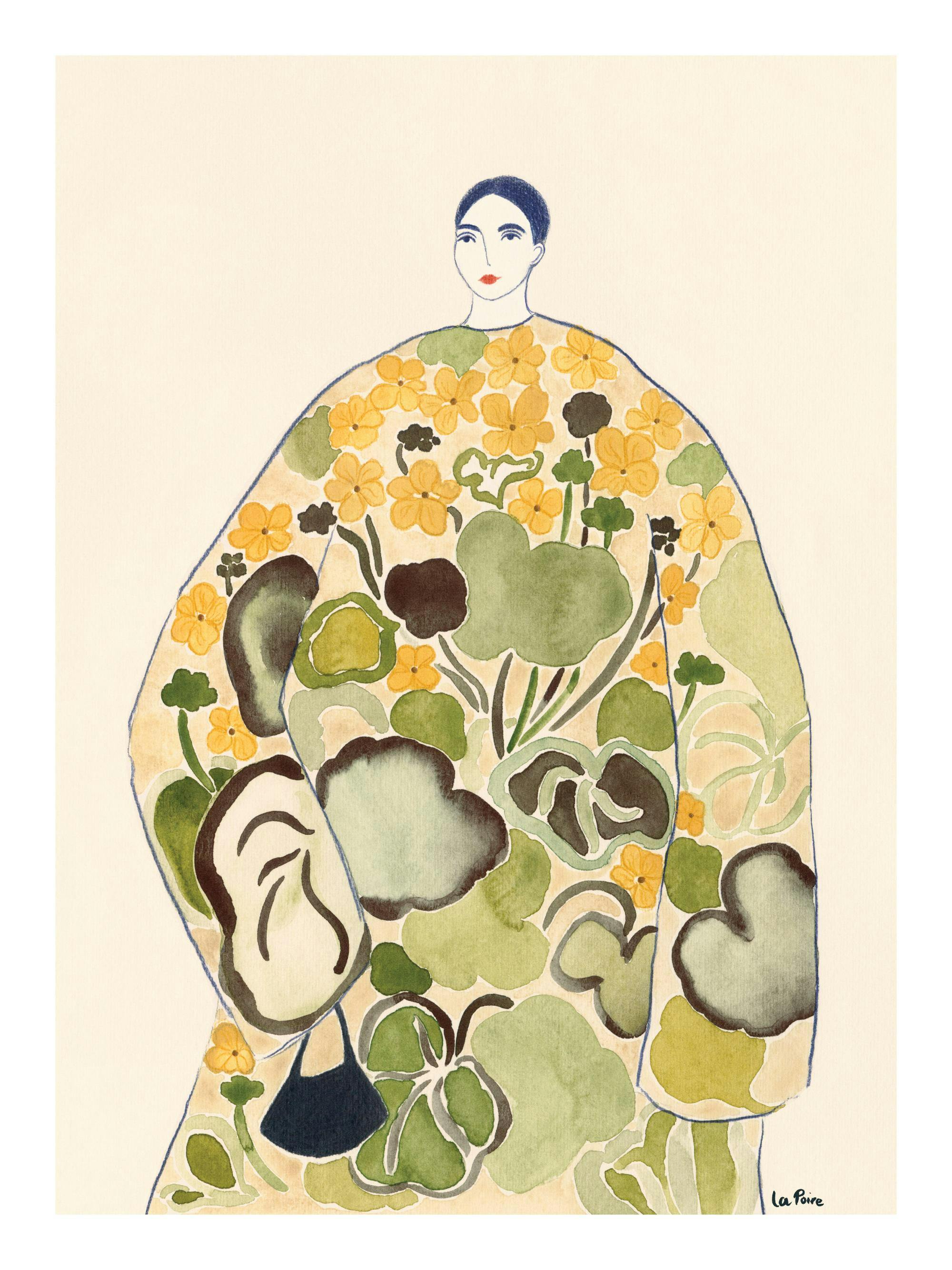 Akvarellillustration av kvinna i grön- och gulmönstrad blommig klänning mot ljusbeige bakgrund. Konstnärlig poster.