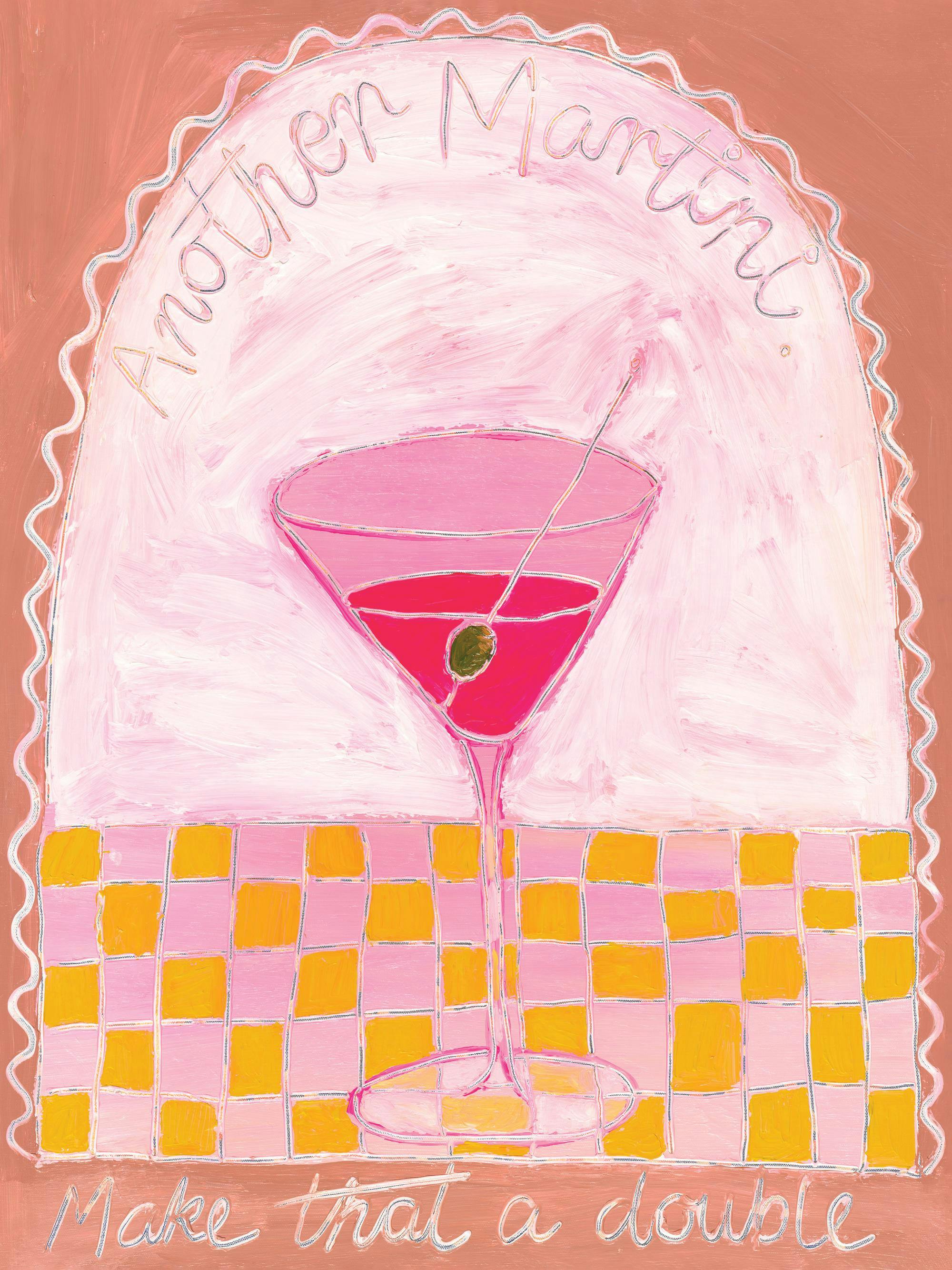 Akrylmålning av Britty Flynn med rosa martini på ett rosa- och gulrutigt mönster, med texten Another Martini och Make that a dou