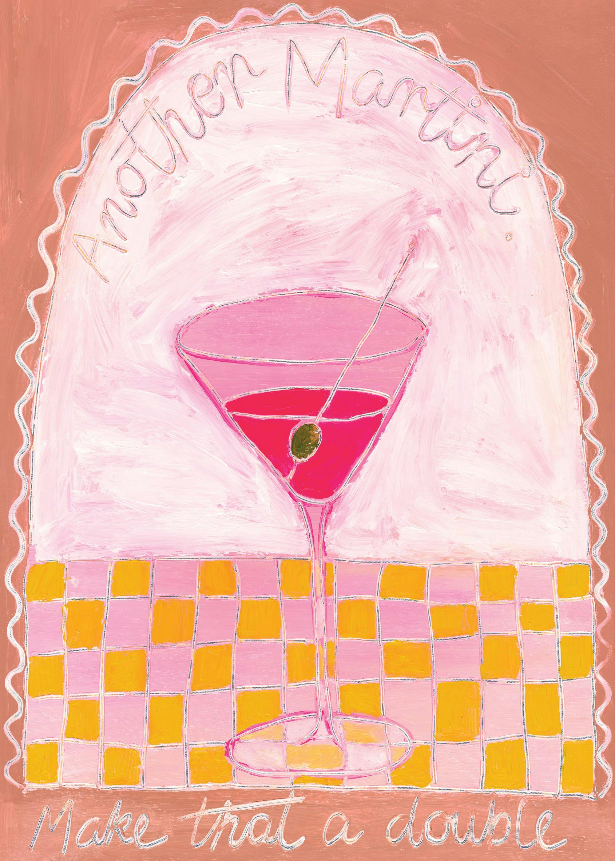 Plakat med lyserød martini og ternet mønster, hængende på en lyseblå væg over et lyserødt bord med frugt.