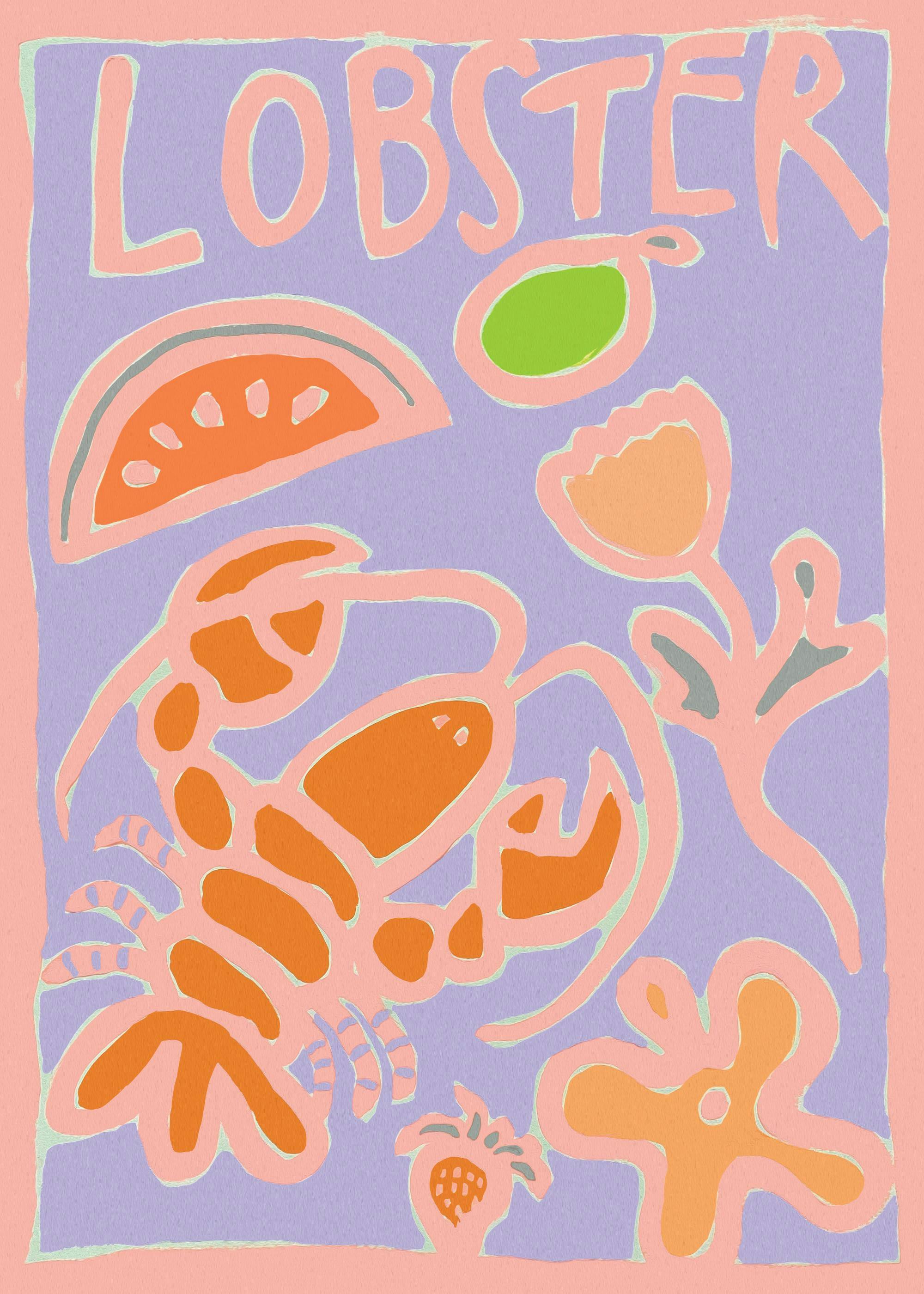 Affiche colorée avec un homard orange et des fruits sur fond lilas, avec le mot LOBSTER en typographie rose