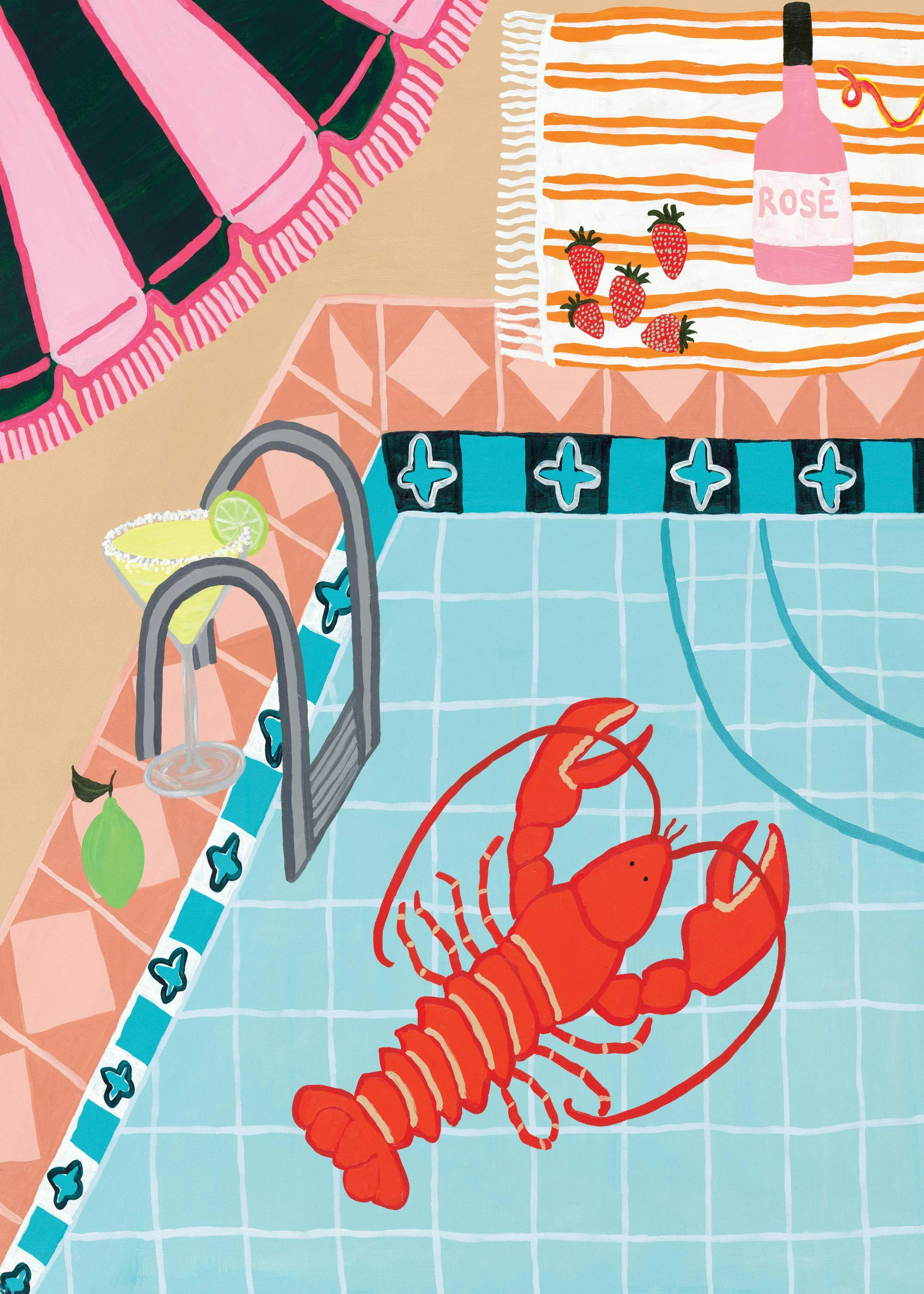 Poster Britty Flynn Palm Springs No1: aragosta rossa in piscina, con margarita, fragole e bottiglia di rosé.