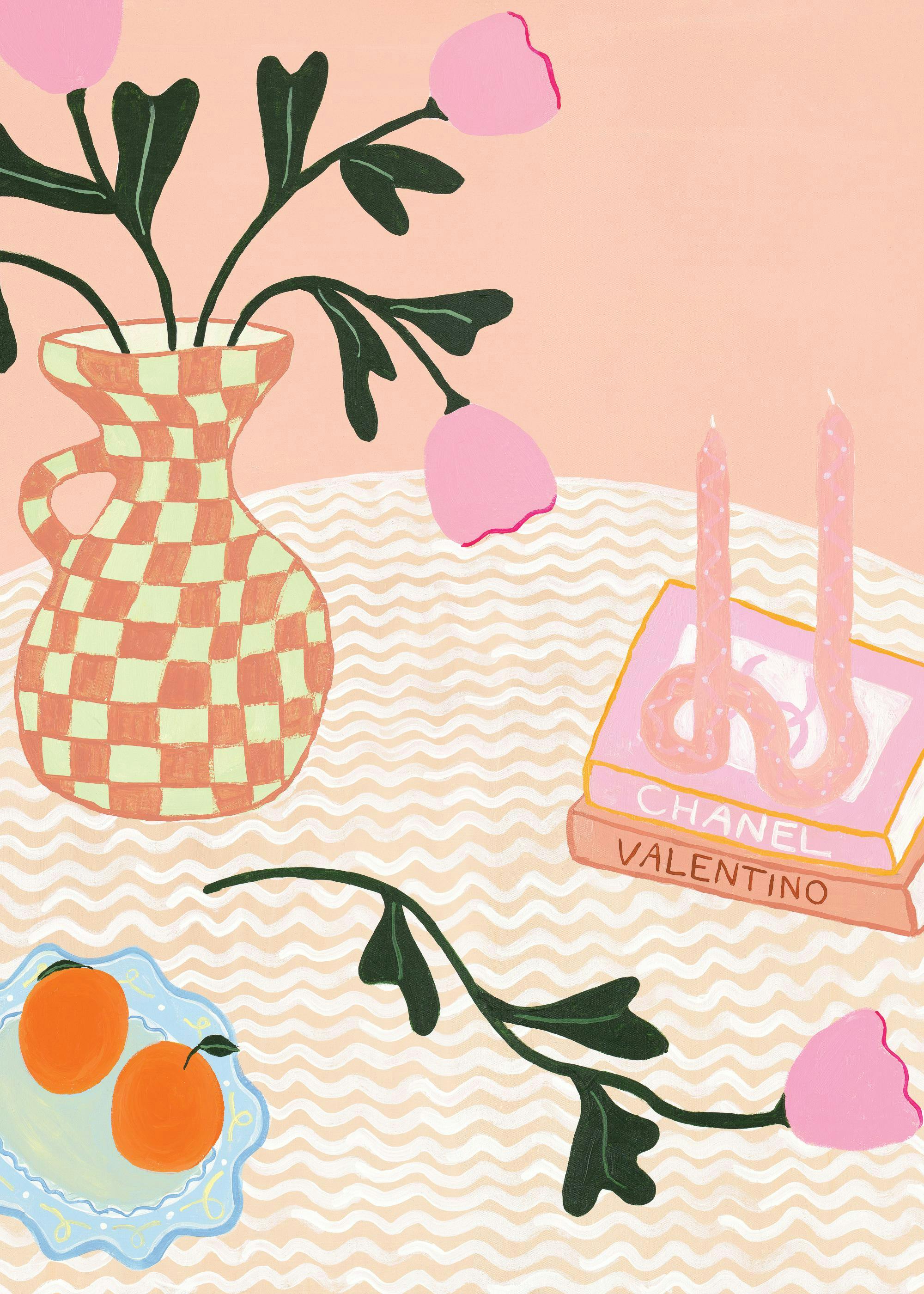 Britty Flynns Summer in Paris poster with teal and orange checkered vase, pink tulip flowers and oranges.